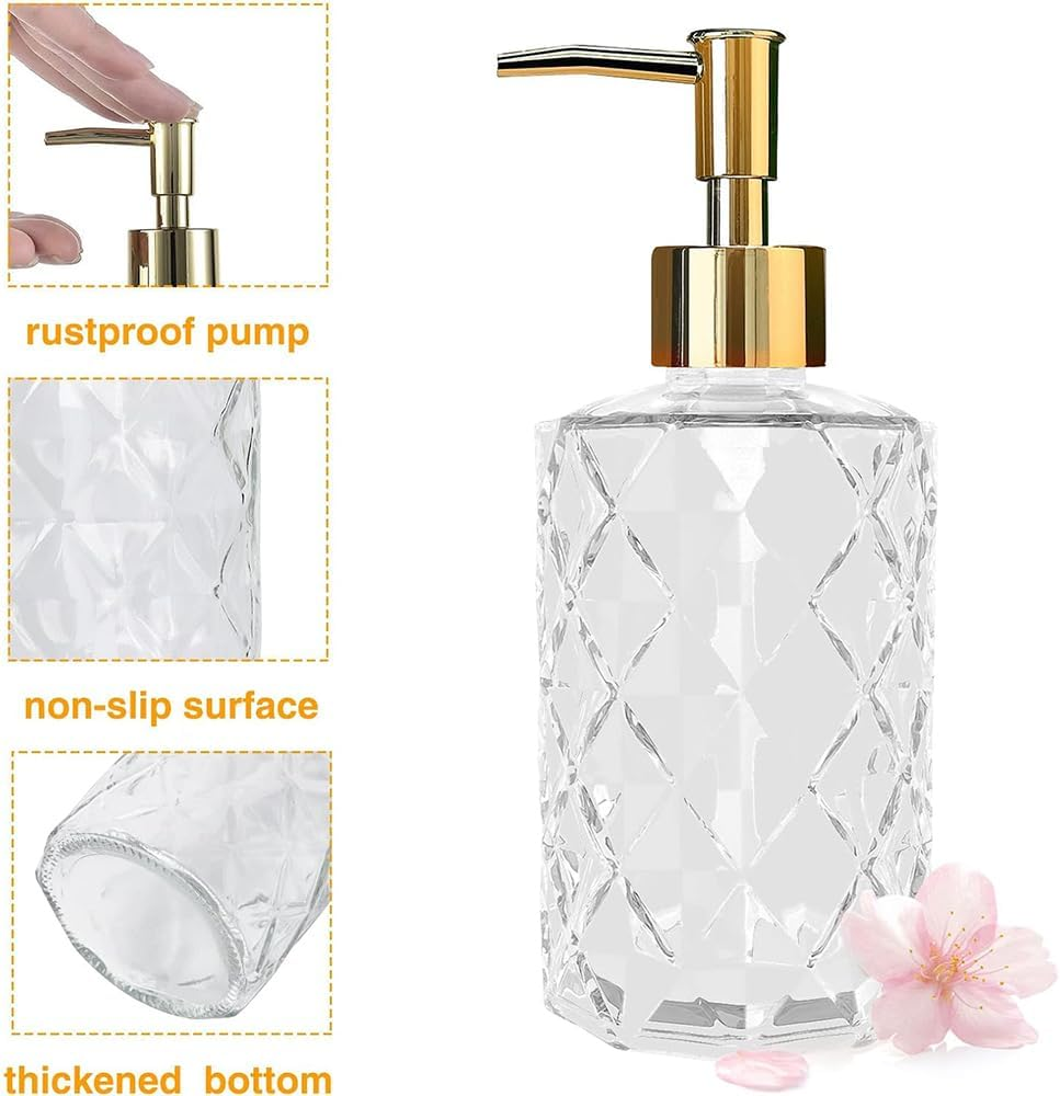 2 Pack 12Oz Diamond Hand Soap Dispenser, Clear Glass Soap Dispenser with Gold Pump, Refillable Lotion Dispenser & Dish Soap Dispenser, Bathroom Soap Dispenser for Liquid, Shower Gel image number 6