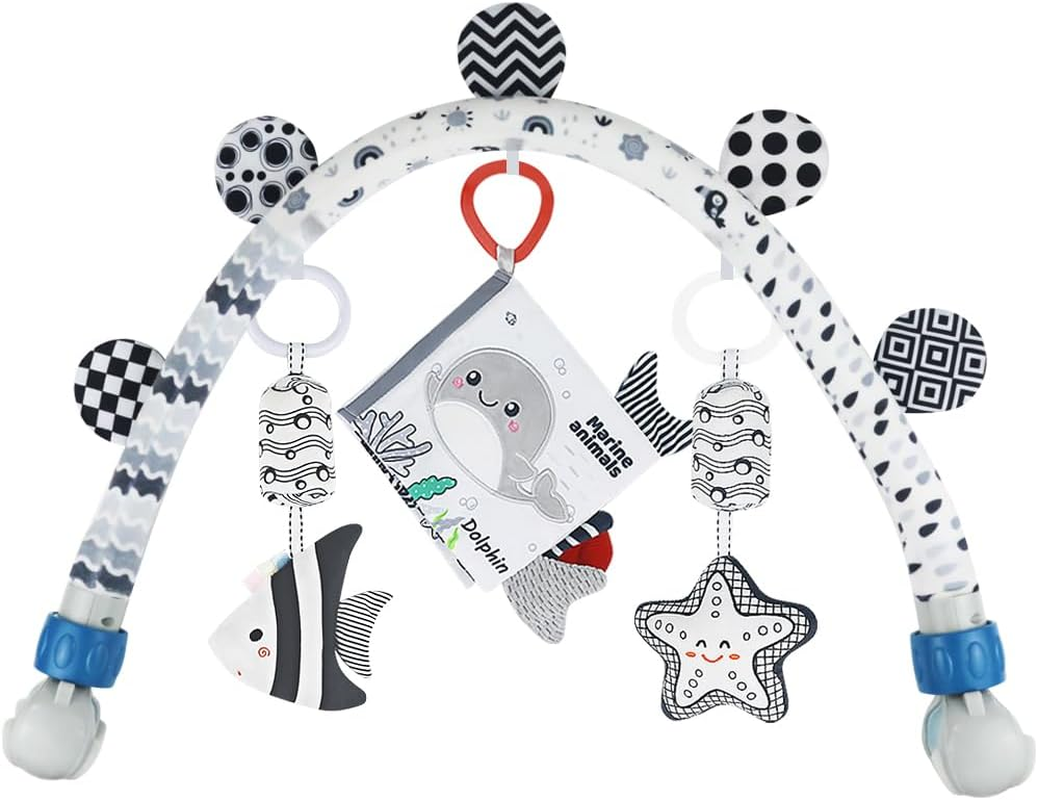 Baby Activity Arch Bassinet Toy, Black and White Travel Mobile Toy Bar with Hanging Animals, Stroller, Pram and Crib Attachment Toys (Ocean)