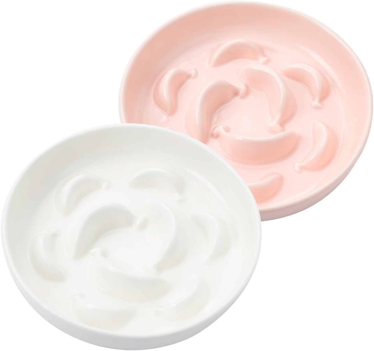 Cat Slow Feeder Bowl Set - 2 Pcs Ceramic Cat Food Plates for Slow Eating - Double Cat Dish for Dry Wet Food - Slow Feeding Cat Bowls Whisker Friendly - Microwave and Dishwasher Safe - White and Pink