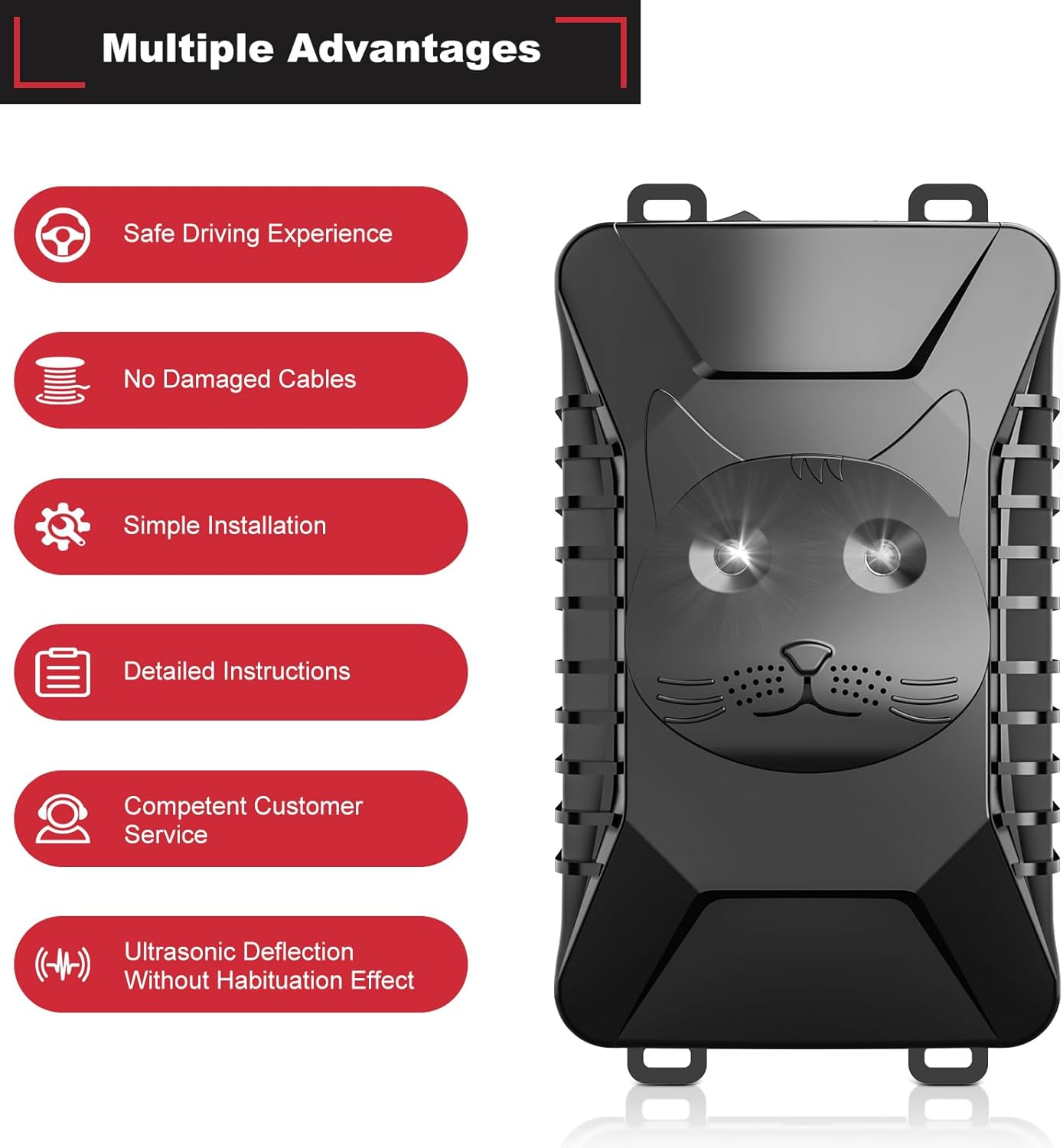 Marten Deterrent Car, Ultrasonic Marten Repellent, Supports USB Charging and 4 AA Batteries, 18-36 Khz Marten Protection with Flash Light, Connects to 12 V Car Battery, for Car, Engine Compartment