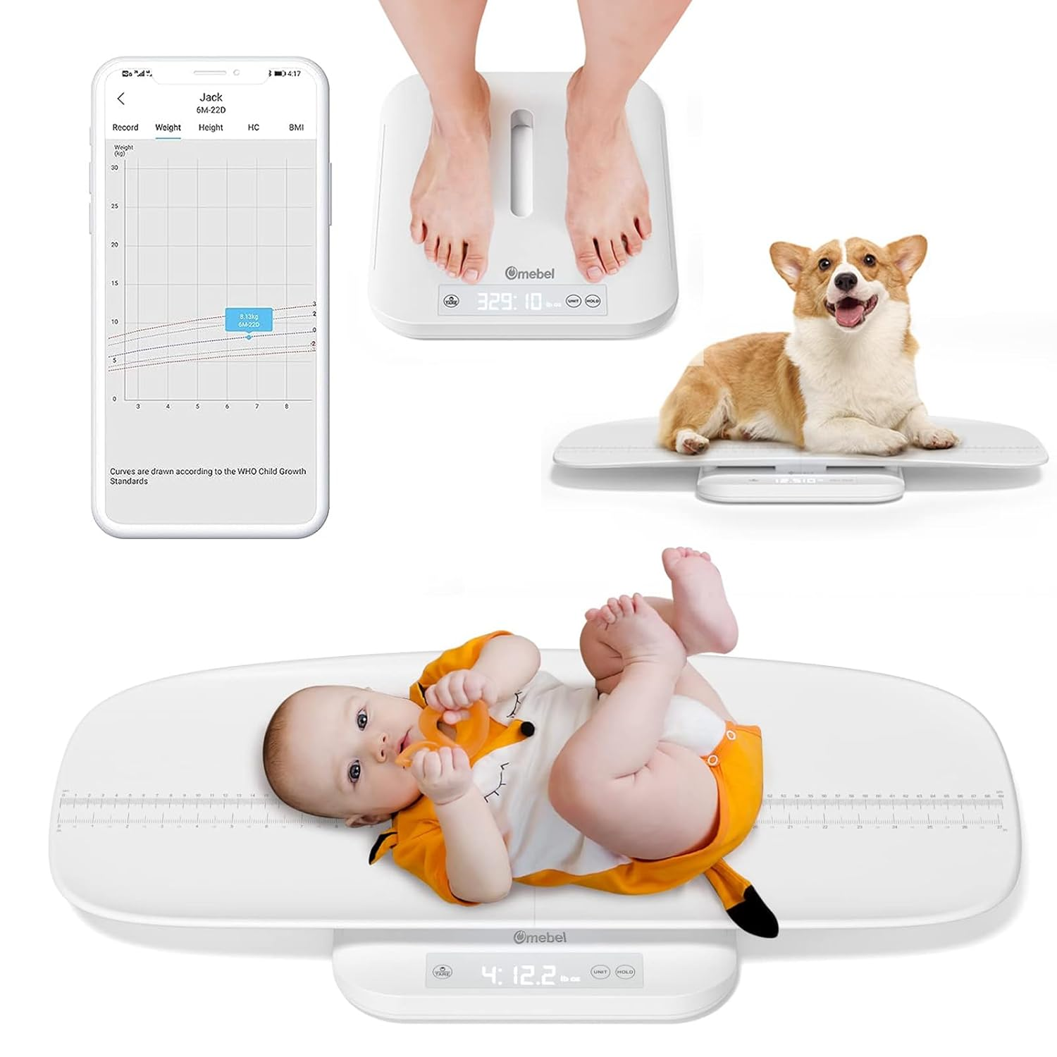 Omebel Baby Scale, Multifunctional Baby Weight Scale, Pet Scale for Puppy, Cat, Baby Scales for Weighing up to 150KG, Accurate Baby Digital Scale with Hold Function, Detachable Tray, 5 Units image number 2