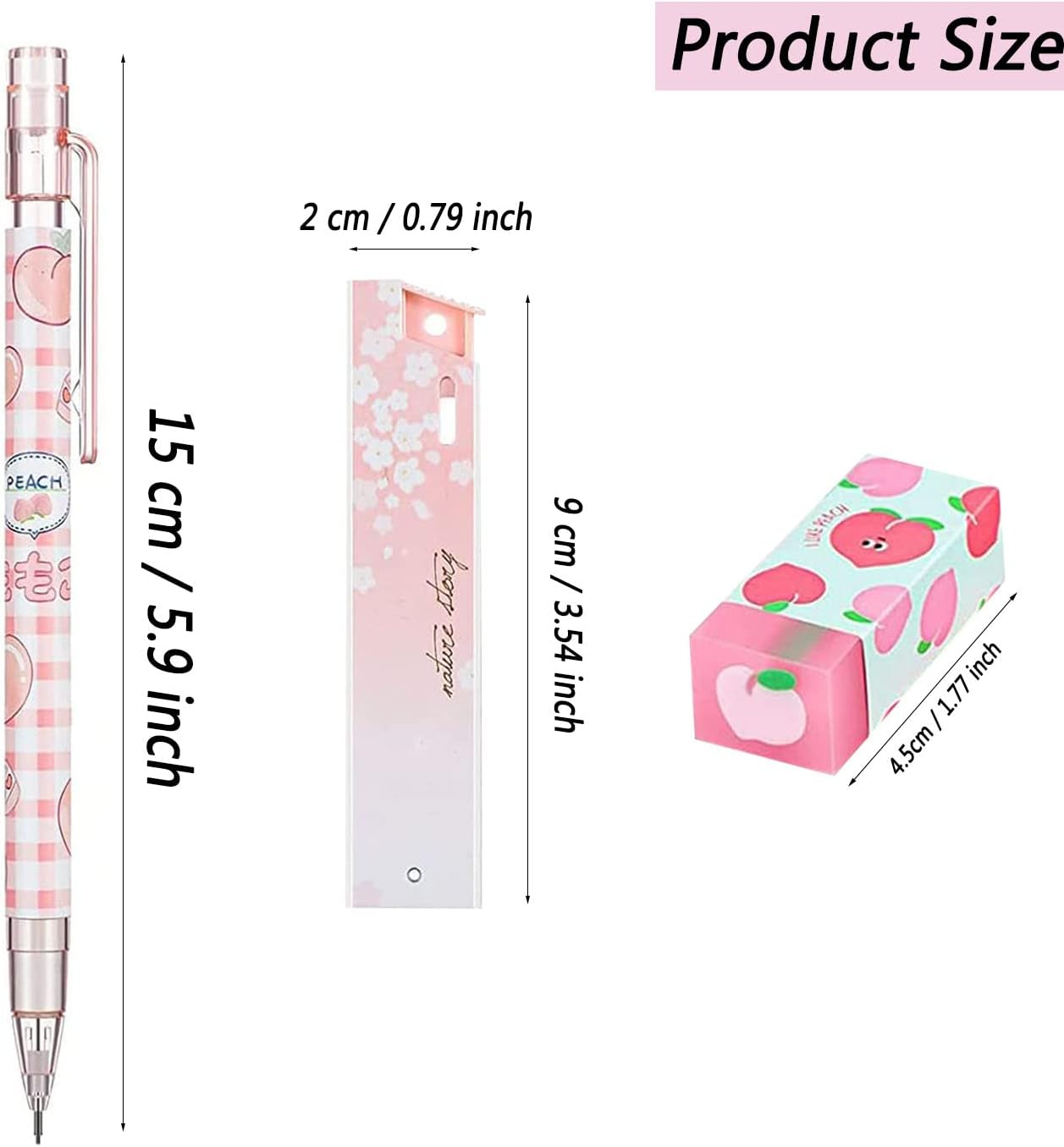 Kawaii Mechanical Pencil Set Include Peach Mechanical Pencils with Tubes 0.5 Mm Pencil Refills and Cute Juice Peach Erasers for Writing, Drawing, Sketching, Architecture (15 Pieces) image number 1