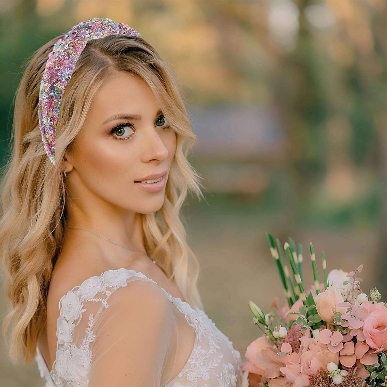 NICENEEDED Pack of 2 Sequin Headband with Knot for Women Sparkling Knotted Wide Hair Bands Glittering Fashionable Iridescent Headbands Hair Accessories for Parties image number 6