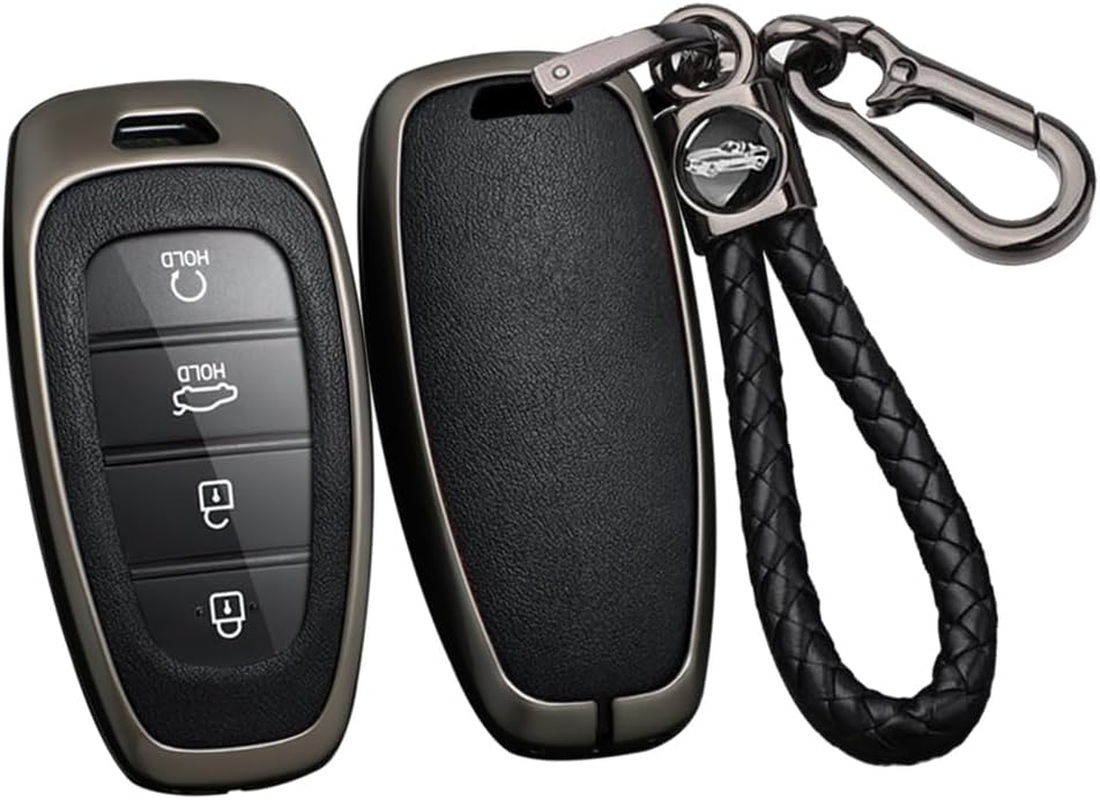 Ontto Alloy Car Key Fob Cover Fit for Hyundai Solaris Sonata Hybrid Nexo NX4 New Grand Santa Fe Tucson 2021 2022 2023 Leather Key Case Shell Key Holder Keyring Keychain Accessories Black