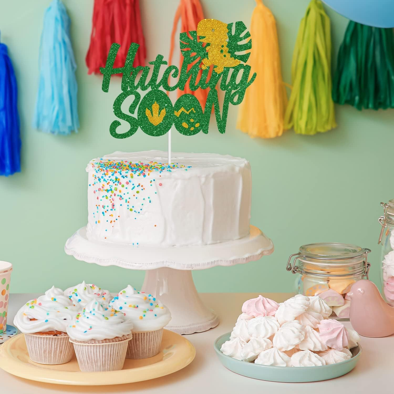 Confetti! Dinosaur Hatching Cake Topper - Baby Shower Glitter Dino Eggshell Decoration - Boy Girl Birthday Party Decoration image number 1