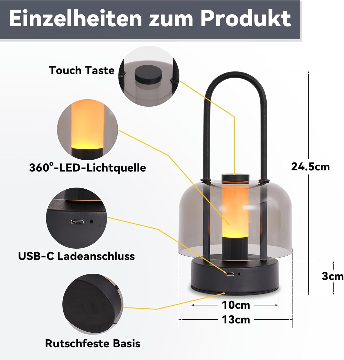 Homefire Table Lamp Battery LED Portable Table Lamp - Wireless Bedside Lamp Dimmable 1800 K - 6500 K with Memory Function USB-C Rechargeable Touch Lamp for Indoor and Outdoor Use Black image number 4