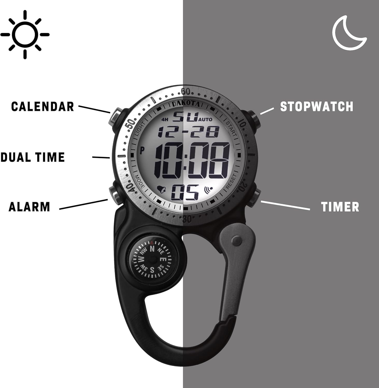 Dakota Digital Backpacker Clip-On Watch &ndash; Rugged Waterproof Fob Watch with Compass, Stopwatch, Alarm & Dual Time | Heavy-Duty Alternative to Pocket Watch for Men & Women | Ideal for Camping, Defence, Tradies &ndash; BLACK image number 1