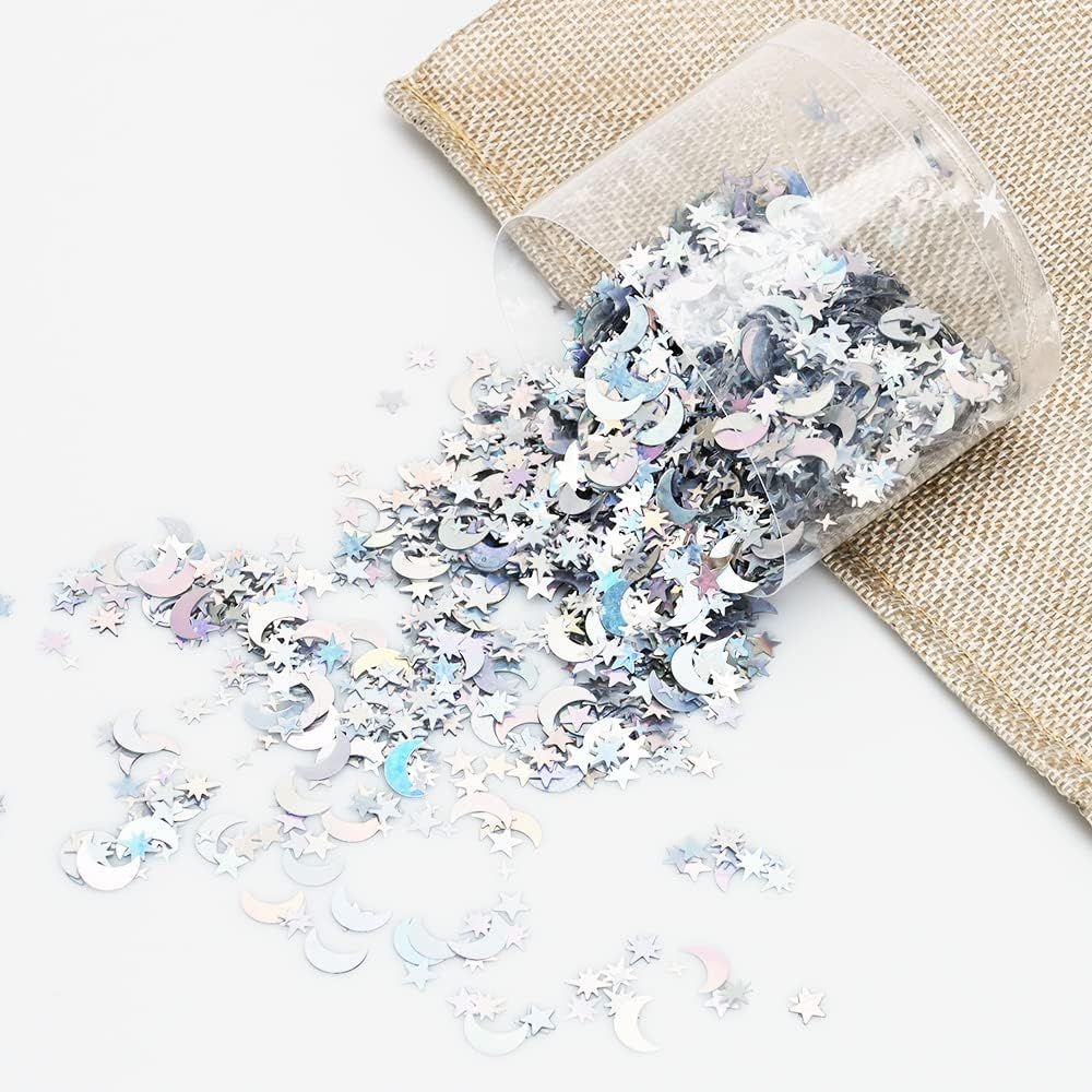 30G Star Confetti Silver Star and Moon Table Confetti, Metallic Glitter Foil Sprinkles Confetti, Sequins Star Moon Confetti for Birthday Wedding Party Halloween Christmas DIY Decoration