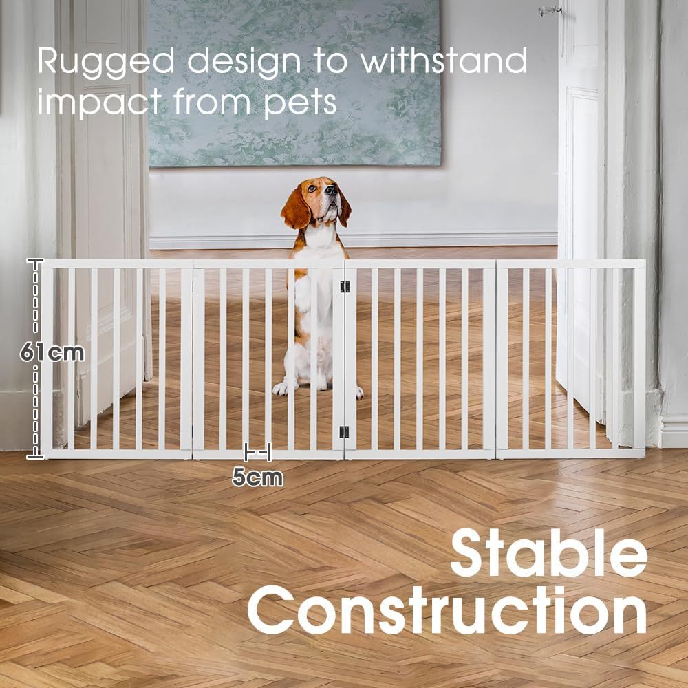 Petzly Foldable Dog Gate, Freestanding Pet Gate for Puppy Small Dogs and Cats, Dog Fence for House Stairs Doorway Bedrooms, No Drill Pet Barrier Indoor/Outdoor, 4 Panels Fence, White - 188CM X 61CM