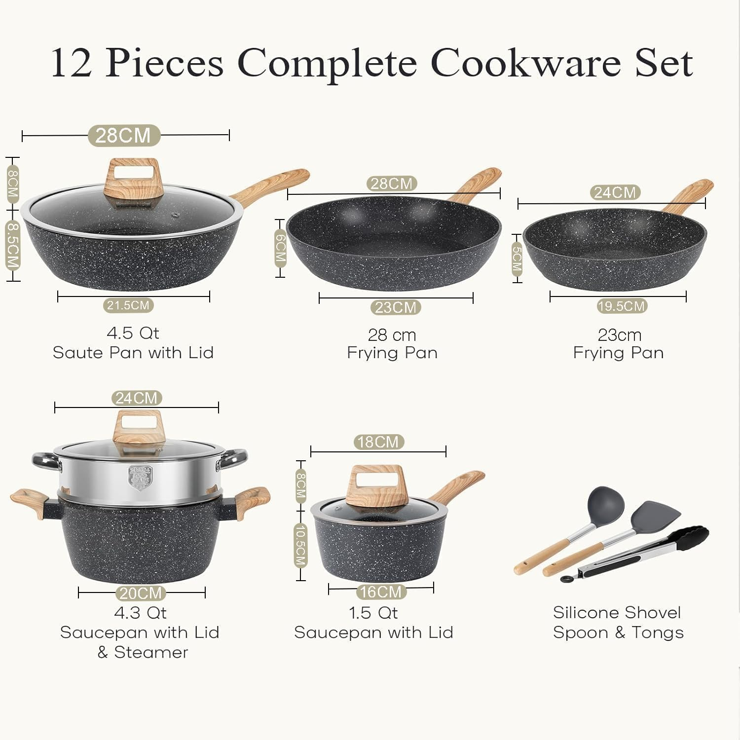 Granite Cookware Set 12-Piece, Healthy Pots and Pans Set, Non-Toxic Kitchen Cooking Set, with Anti-Scald Handle, PFAS PTFE PFOA PFOS Free, Black Granite Induction Cookware image number 5