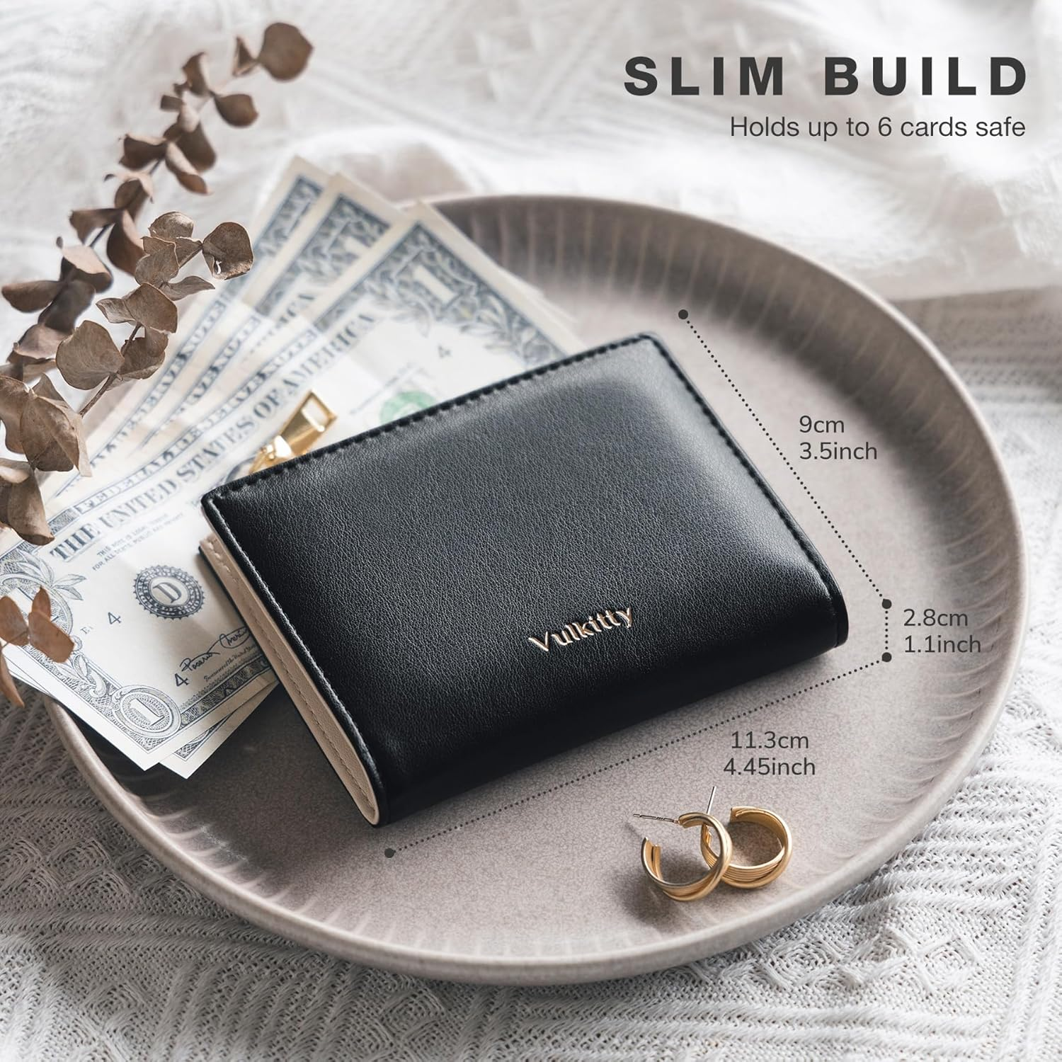 Vulkitty Small Wallet for Women with Coin Pocket RFID Blocking Card Holder Wallet Bifold Wallet Soft Leather, Black