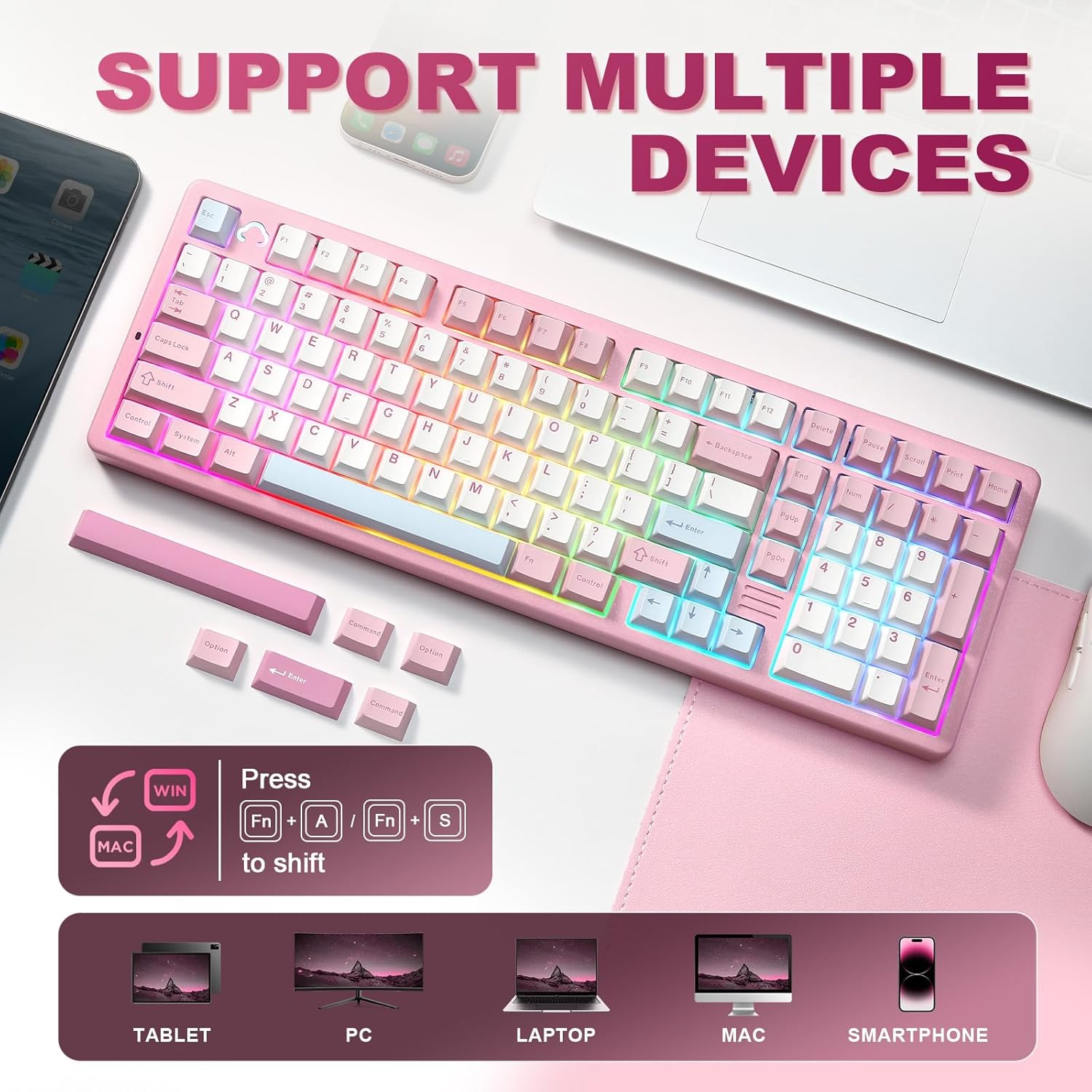 YUNZII AL98 QMK/VIA Wireless Mechanical Gaming Keyboard, Full Aluminum, BT/2.4G/USB-C, Pre-Lubed Hot Swappable Gasket Mount 1800 Layout, RGB Backlit for Win/Mac (Pink, Cocoa Cream V2 Switch) image number 6