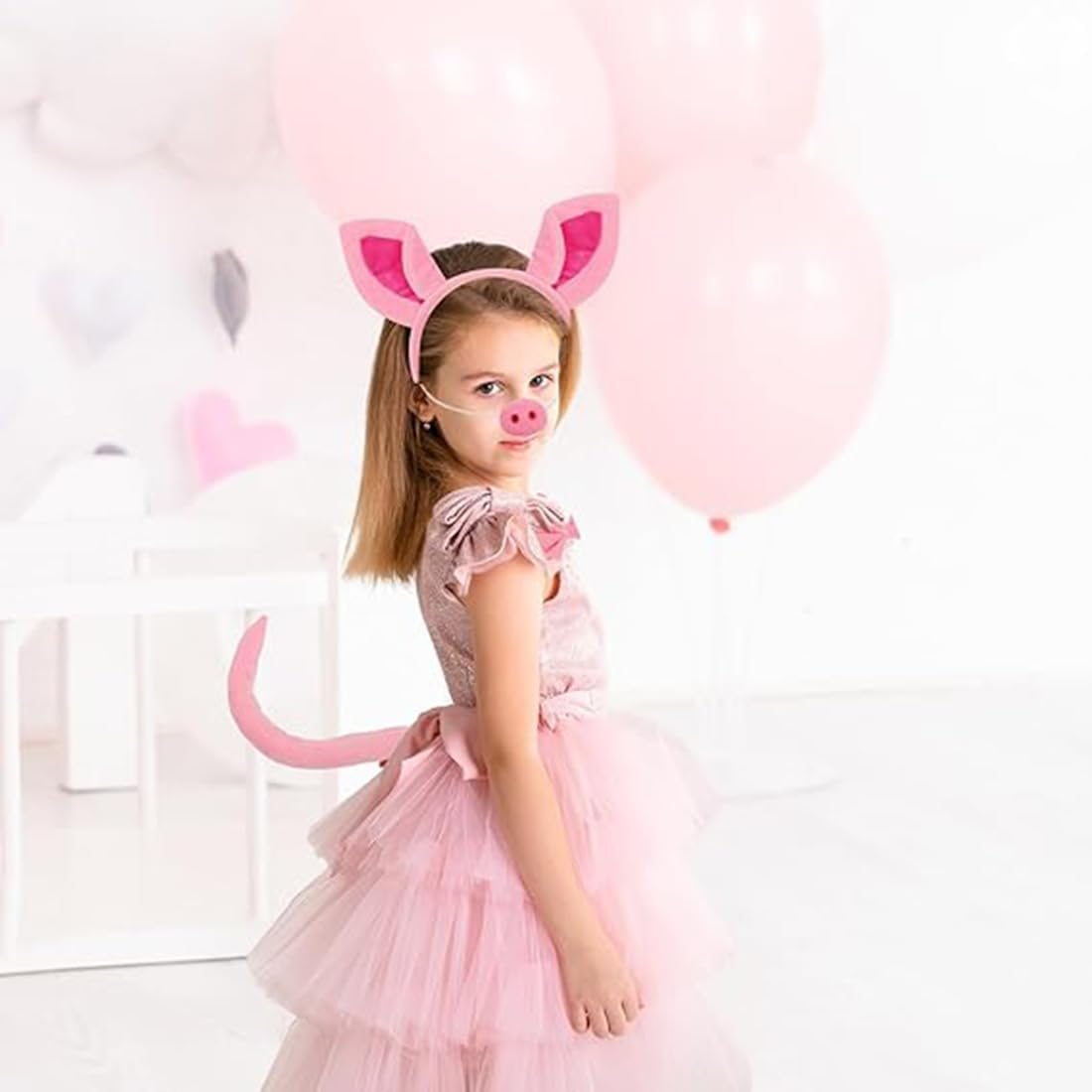 Pig Costume Set, Pig Ears Headband Pig Tail Nose Bow Tie, Animal Fancy Dress Party Accessories for Kids Adult Halloween Birthday Christmas Cosplay Dress up Party Decoration (Pink) image number 4