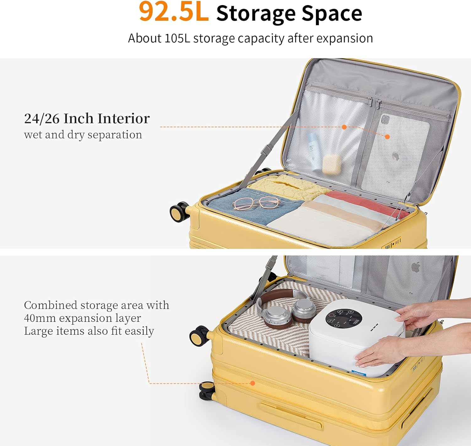 Carry on Luggage Suitcases with Wheels: Checked 26 Inch Luggage with 8 Spinner Wheels, Expandable Large Suitcase with 100% PC Hard Shell Travel Luggage Suitcases (Cheese Yellow)