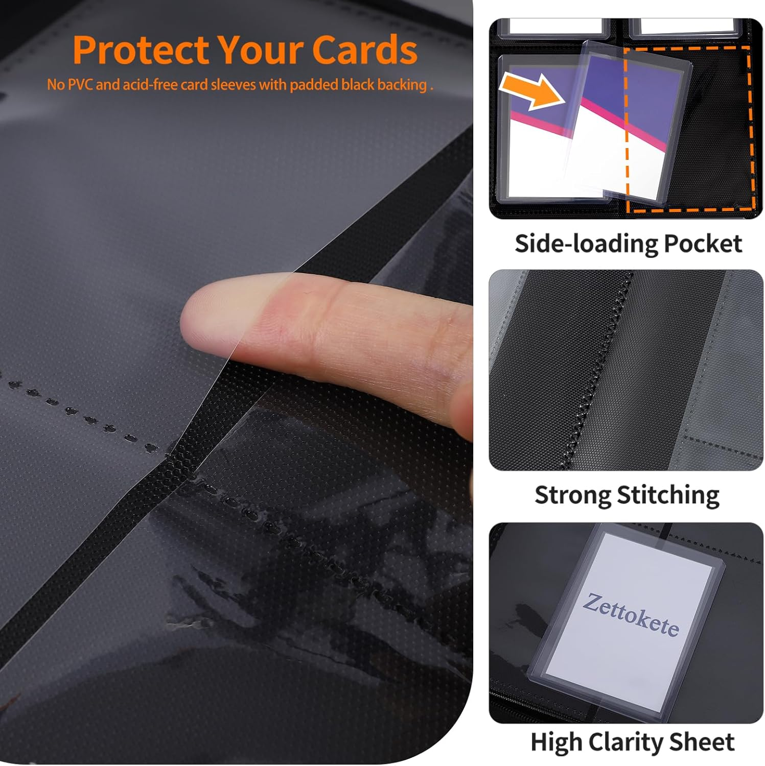 Zettokete Top Loader Binder 4 Pocket Holds 96 Cards, Toploader Binder Fit for 3" X 4" Top Loader, Trading Card Holder Album Fit for MTG, Yugioh, TCG, Sports Cards, 10 Toploaders Included, Black image number 2