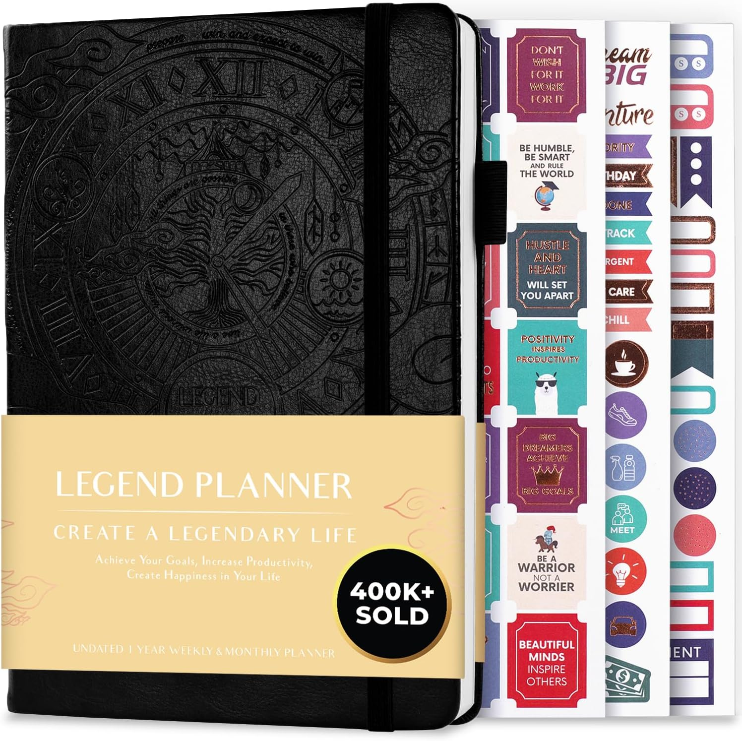 Legend Planner &ndash; Deluxe Weekly & Monthly Life Planner to Hit Your Goals & Live Happier. Organizer Notebook & Productivity Journal. A5 Hardcover, Undated &ndash; Start Any Time + Stickers &ndash; Mystic Gray