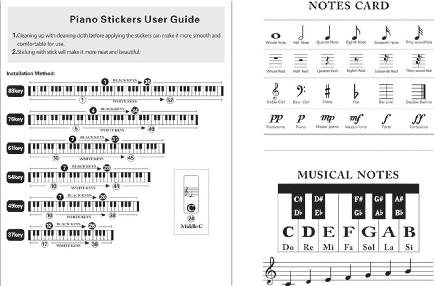 Piano Keyboard Sticker Key Sticker Transparent Music Note Guide Sticker Removable Piano Keyboard Letter Labels for Beginner Learning 36/44/49/61/76/88 Keys image number 2