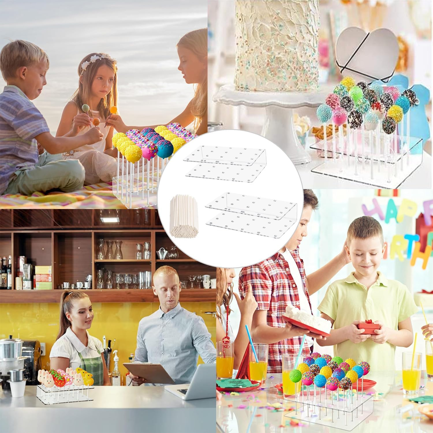 Yharnamite 2 Pcs Acrylic Lollipop Holder, 20 Hole Cake Pops Display Stand with 100 Lollipop Paper Sticks, Clear Lollipop Candy Holder Display Stand Tools for Weddings, Birthday, Party image number 2