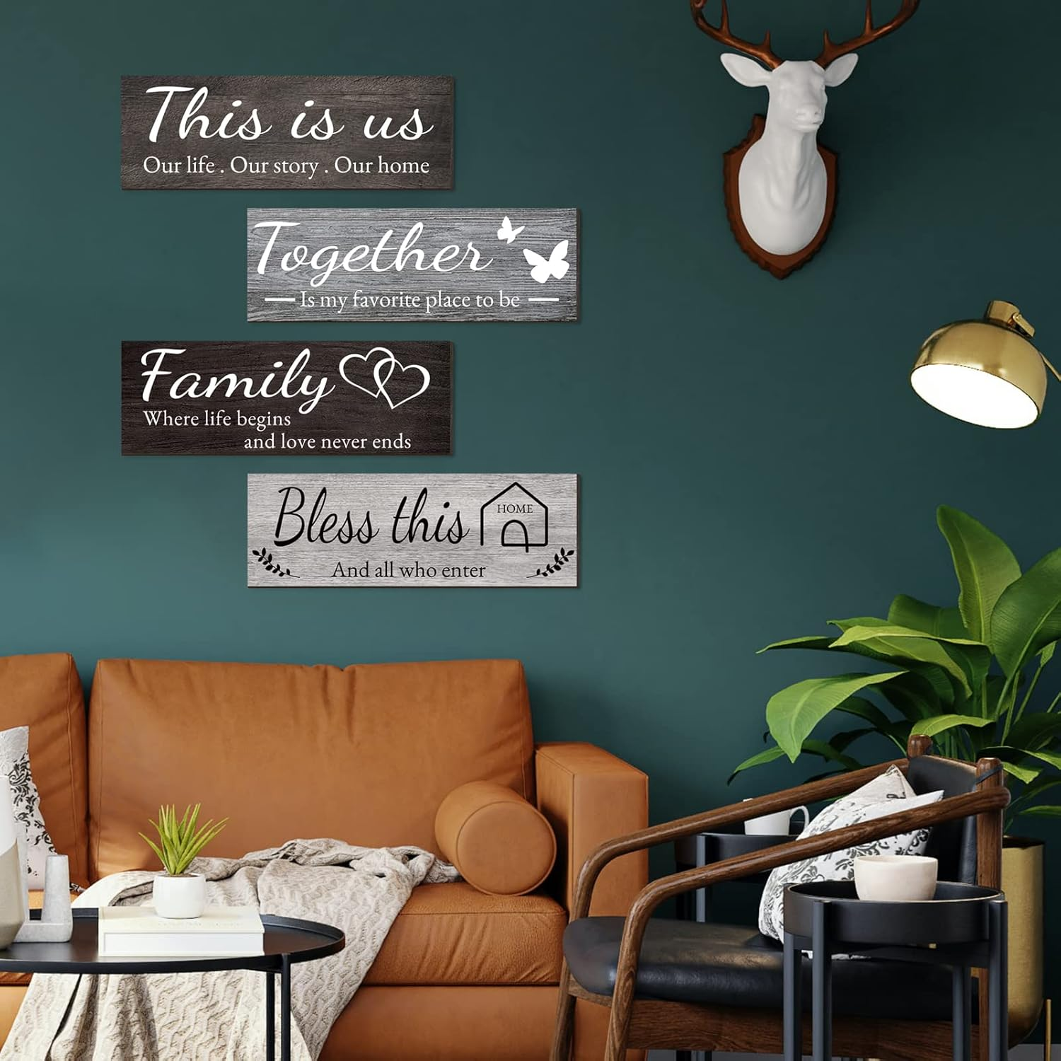Joyhawk 4 Pieces Home Wall Decor Signs - THIS IS US/TOGETHER/BLESS THIS HOME/FAMILY for Living Room Bedroom, Rustic Wooden Farmhouse Art, 4.7 X 13.8 Inch (Mixed Color) image number 4