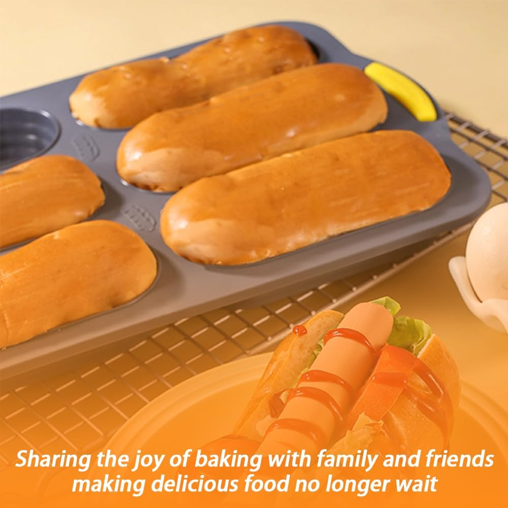 Baguette Pan,Loaf Pan,Silicone Bread Loaf Pan,French Bread Pan,Hot Dog Bun Mold,With Comfort Grip for Kitchen Baking, Open Hole Silicone Baking Mold,Grey and Yellow image number 1