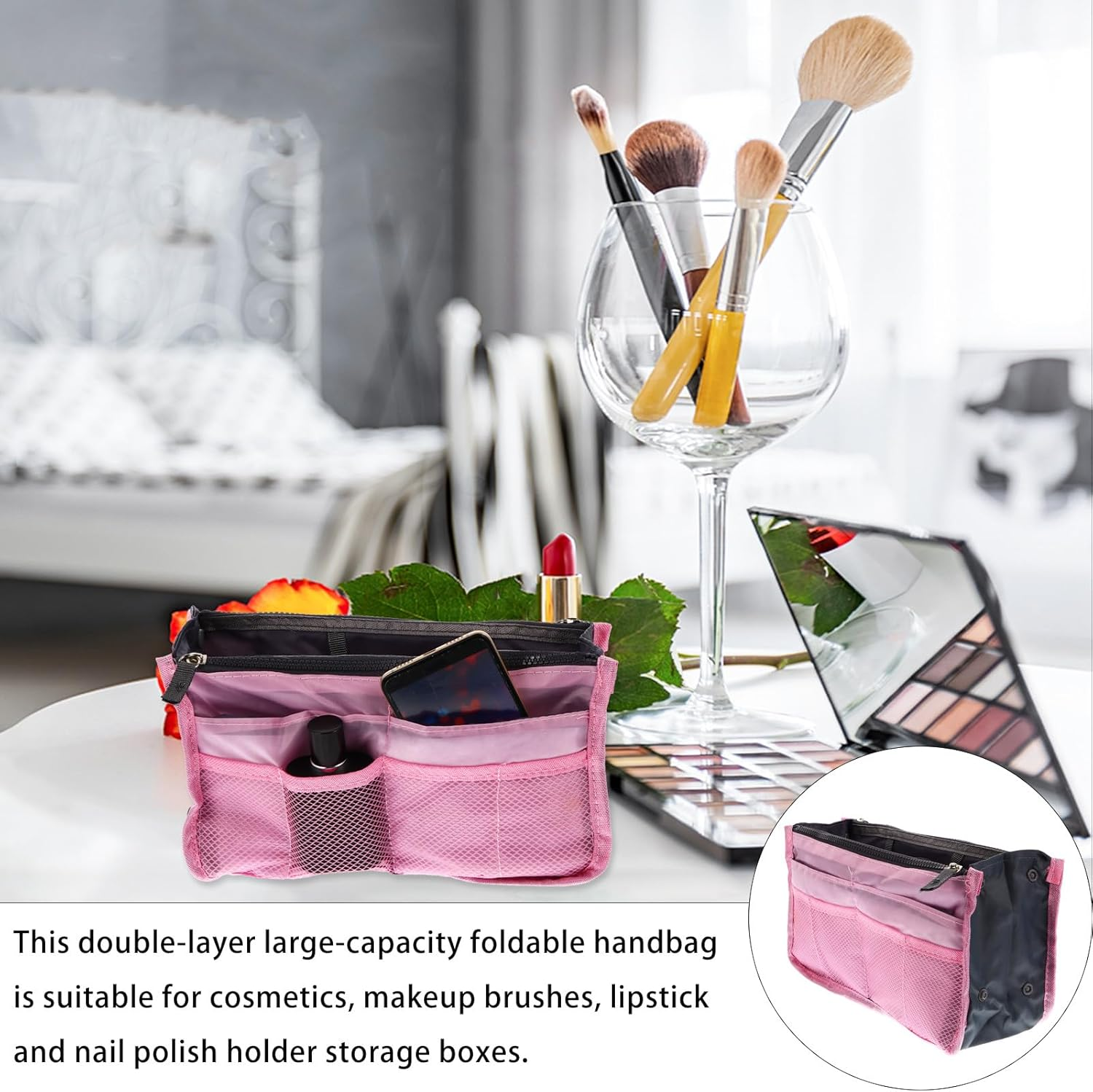 Sewroro Multi-Layer Portable Makeup Storage Bag Liner with Large Capacity and Multiple Pockets, Foldable Nylon Handbag Organizer for Travel and Outdoor Toiletry Use, Pink image number 1