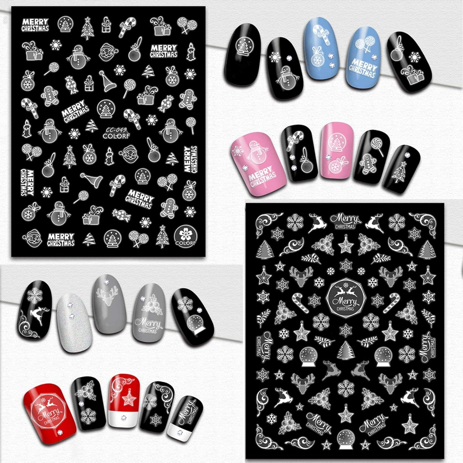 Tailaimei Christmas Nail Art Stickers Decals, Self-Adhesive White Nail Decorations Design for Santa Claus Snowflake Snowman (800 Pcs, 9Sheets) image number 3