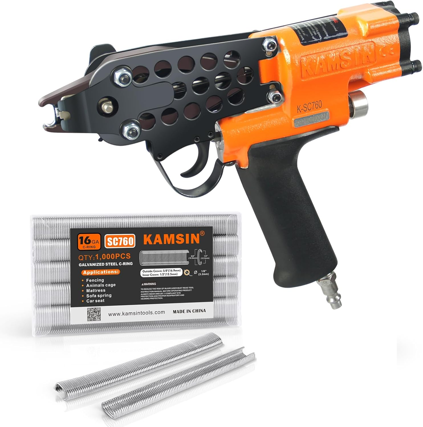 Kamsin K-SC760 16 Gauge Pneumatic Hog Ring Gun Kit &ndash; 12.5Mm C Ring Stapler with 1000PCS Staples (3.0-4.8Mm Closure) &ndash; Air Powered for Wire Cages, Fencing, Animal Traps image number 5
