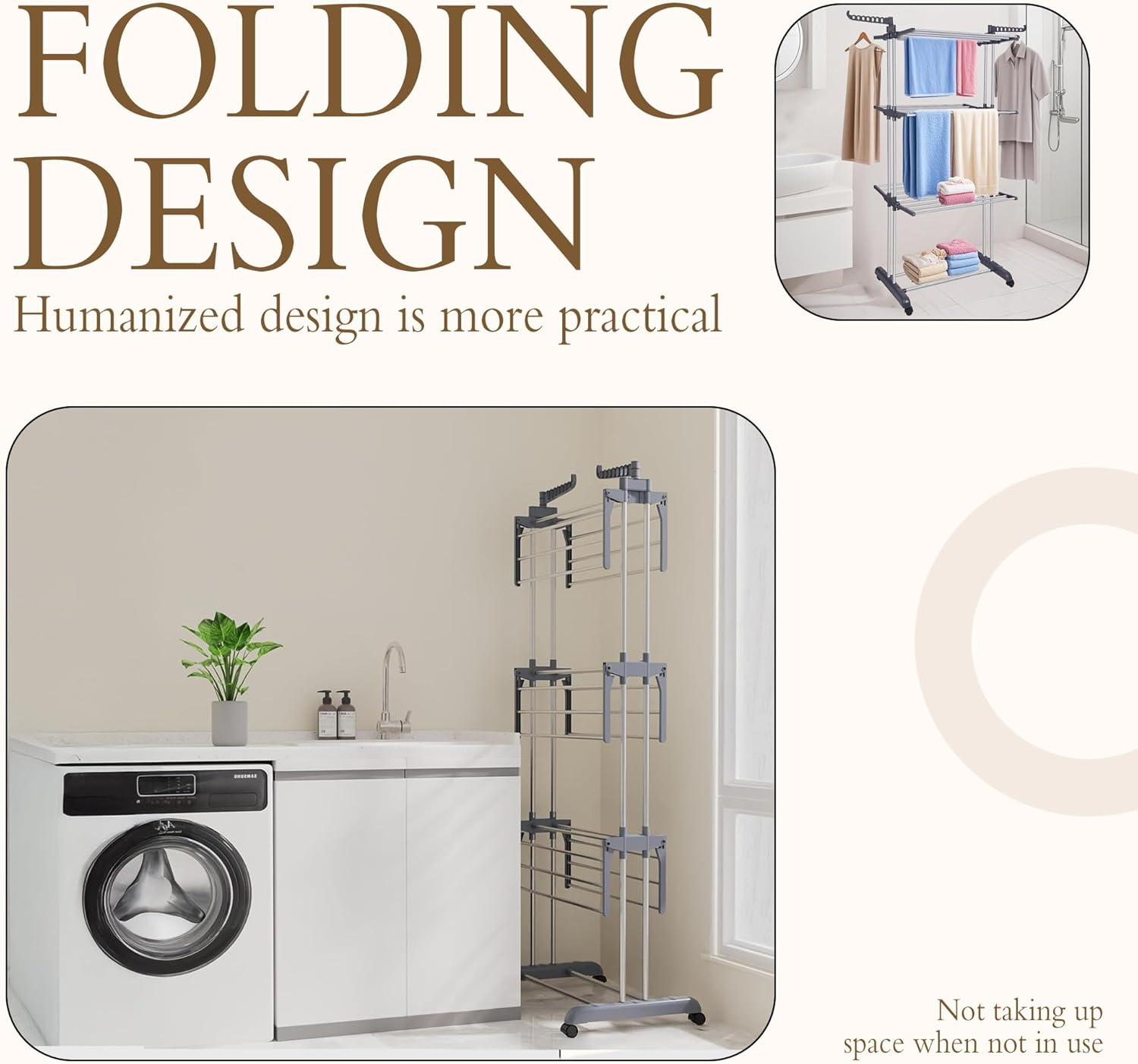 Drying Rack, 4-Tier Foldable Drying Rack with 4 Wheels for Drying Sheets, Towels and Clothes (67" High) Gray image number 6