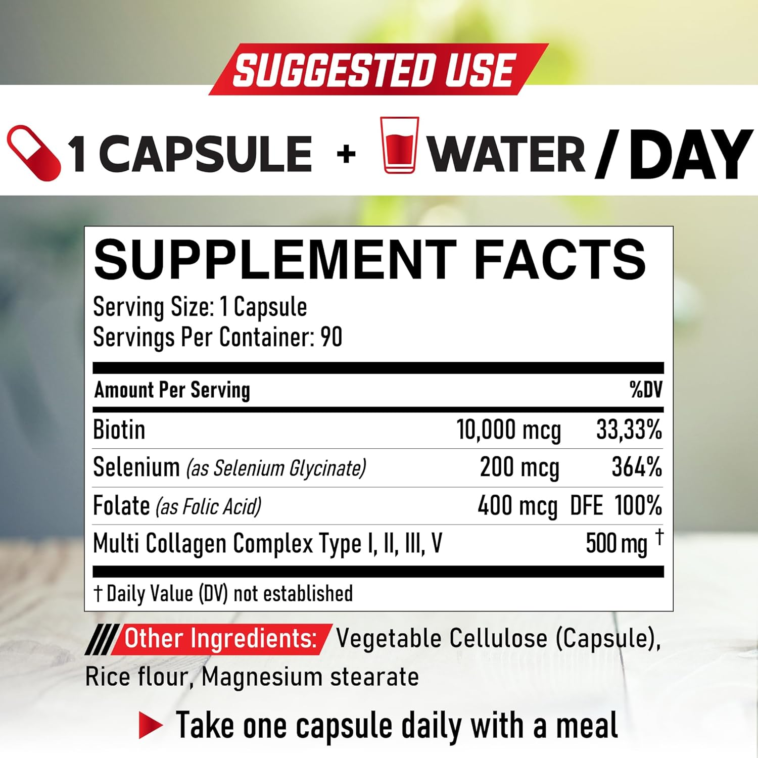 Biotin Supplement 500Mg - Combined Selenium, Folate & Collagen - 90 Capsules - 3 Month image number 2