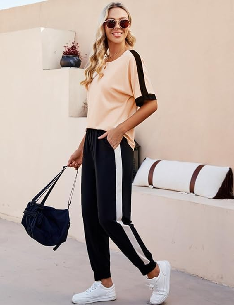 Women Casual Basic Lounge Set Comfy Soft Sweatsuit Set Cozy Jogger Set Short Sleeve Top Sweat Pants with Pockets