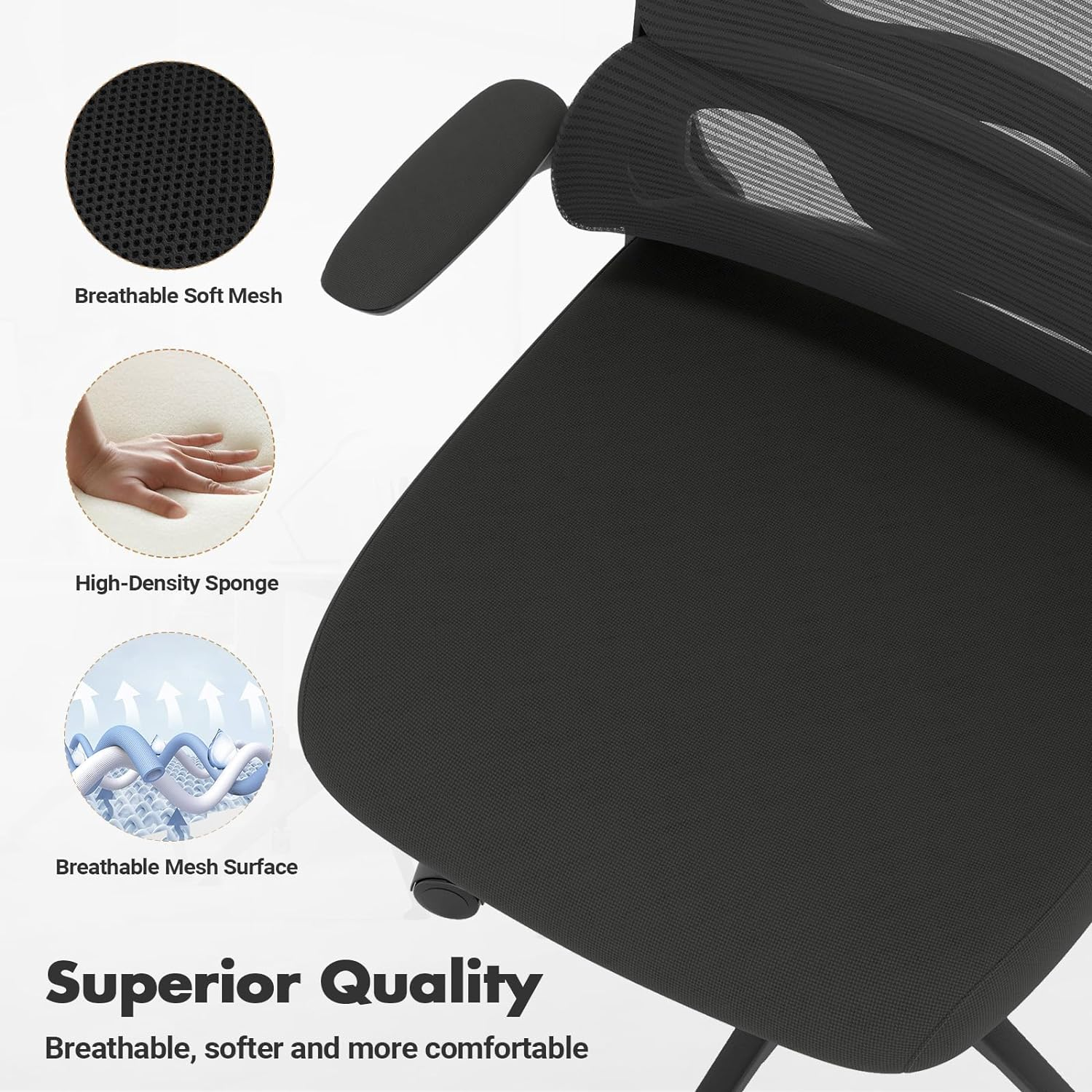 Advwin Ergonomic Office Chair - Mesh Office Chair with Flip-Up Armrests, High Back Desk Chair Swivel Computer Chair, Height Adjustable & Rocking Study Chair Task Chair for Home Office Black - Black 2 image number 7
