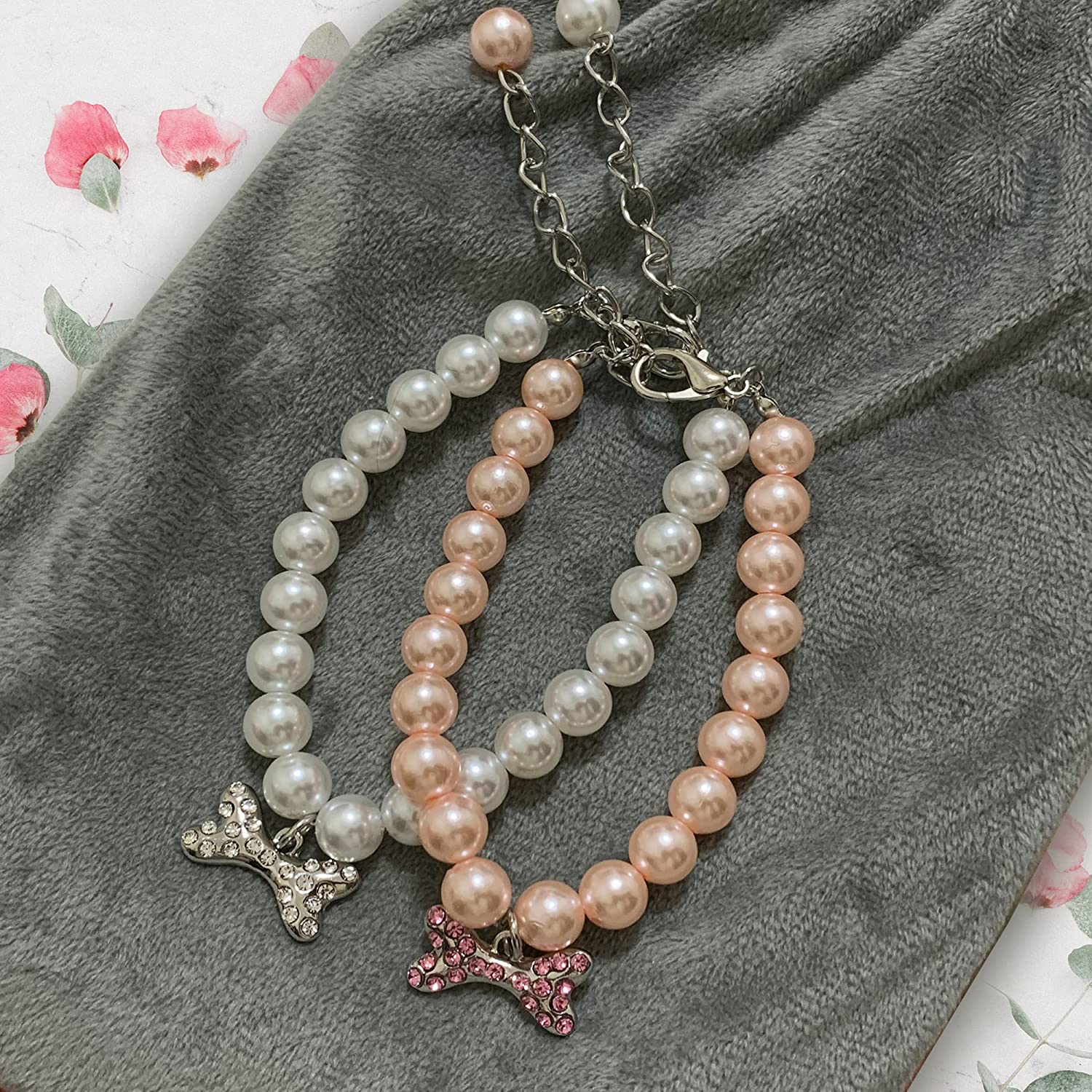 2 Pcs Dog Cat Pearl Collar Necklace with Rhinestone Bone, Fancy Cat Wedding Collar Jewelry for Girl Cat Puppy Dogs Accessories(Pink+White) image number 1