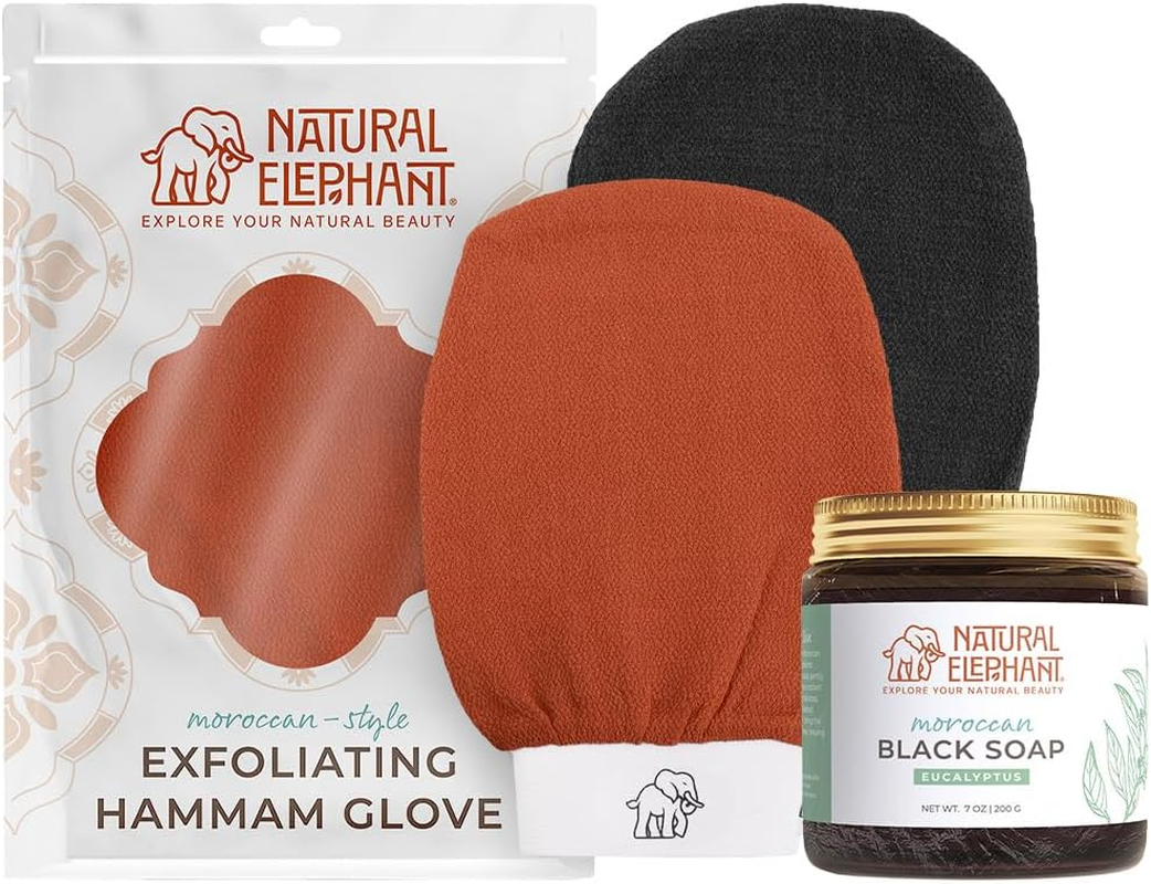 Natural Elephant Moroccan Black Soap 200G (7Oz) and 2 Pack Exfoliating Hammam Glove Combo (Burnt Orange)
