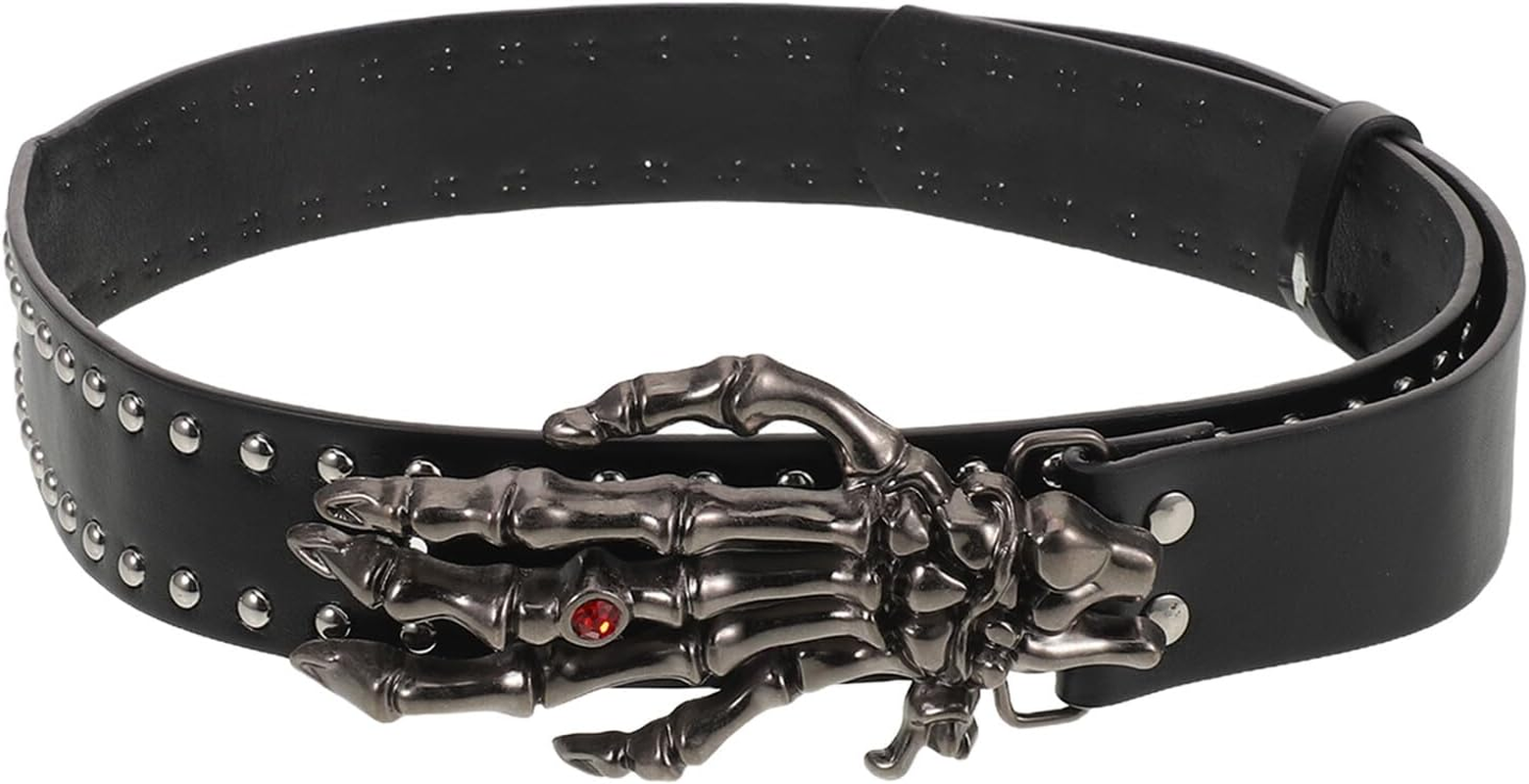 GLSTOY Black Studded PU Leather Belt with Skull Buckle Unisex Punk Rock Rivet Waistband for Women Men Adjustable Faux Leather Skeleton Waist Belt for Costume and Nightlife image number 2