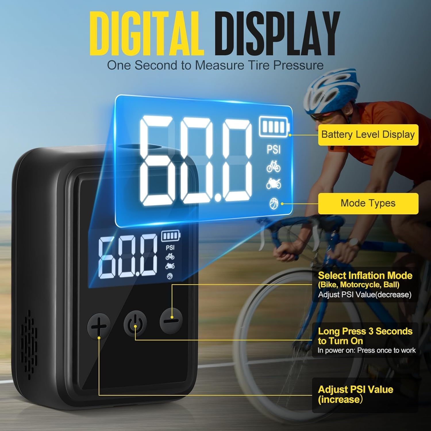 Bike Pump Electric Portable Bicycle Pump, 120 PSI Mini Tire Pump with Digital PSI Pressure Gauge, Tire Inflator Bike Air Pump Auto Shut-Off with Presta, Schrader Valve, 500Mah image number 3