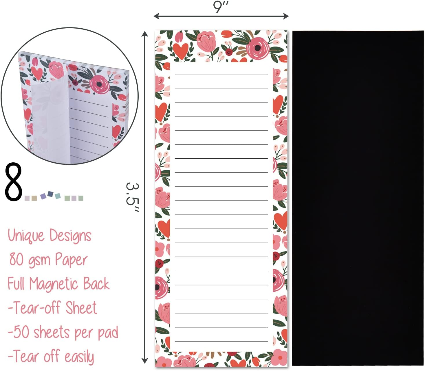 8 Pack Scandi Farmhouse Floral Magnetic Notepads 50Sheets per Pad 3.5"X9" for Fridge,Shopping List Grocery List,To Do List,Memo,Remider,Note,Recipes image number 2