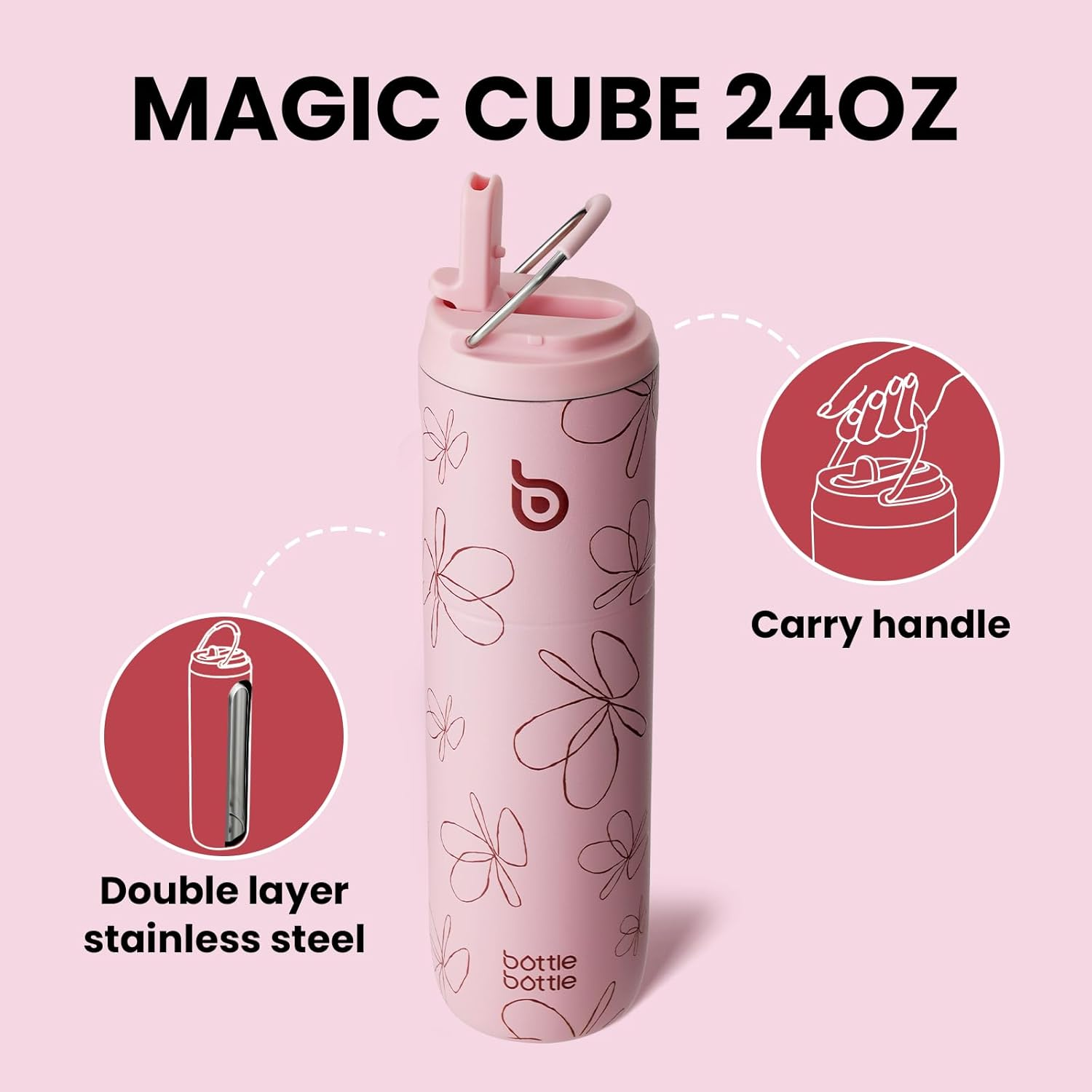 BOTTLE BOTTLE Insulated Water Bottle 24Oz with Straw Lid and Handle for Sports Travel Gym Stainless Steel Water Bottles Double-Wall Vacuum Metal Thermos Leak Proof Bpa-Free (Flower Frenzy) image number 5