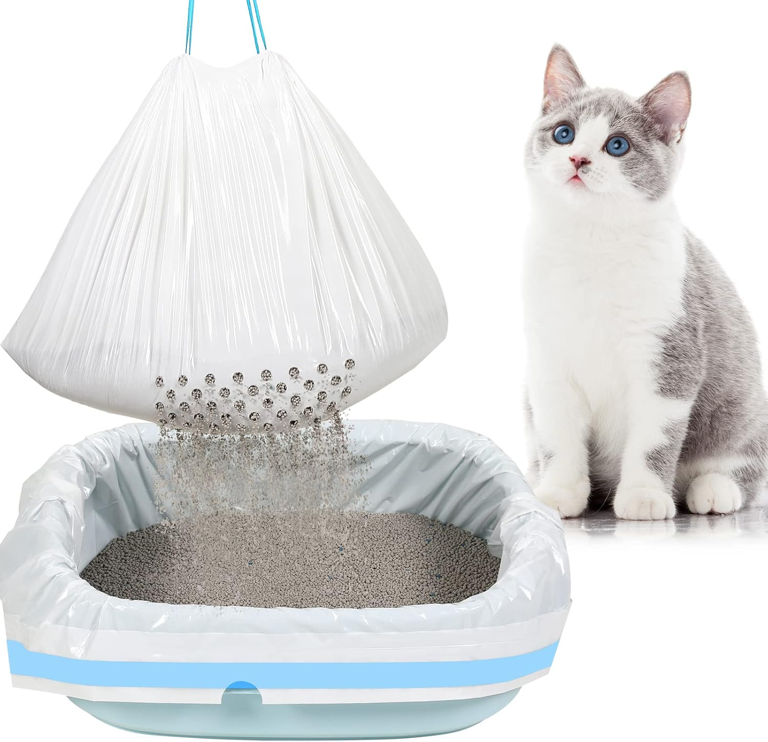 Jutom 28 Count Sifting Litter Box Liners, Drawstring Jumbo Sifting Cat Litter Bags with Holes, 31 X 18 Inch 22 Lb Capacity Portable Thick Scratch Resistant Drawstring Bags for Pet Cats image number 5