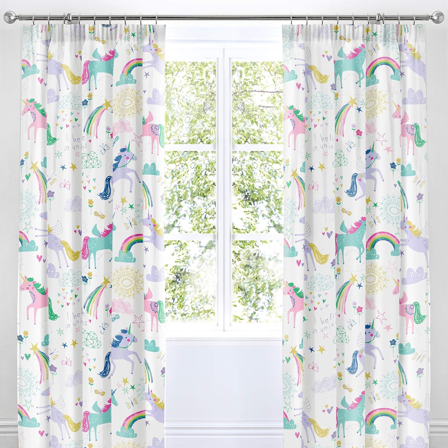 Bedlam - Unicorn Curtains - Two Panels 66 X 72 (168 X 183Cm) - Rainbow & Unicorns Curtains - Girls Bedding/Bedroom Accessories image number 2