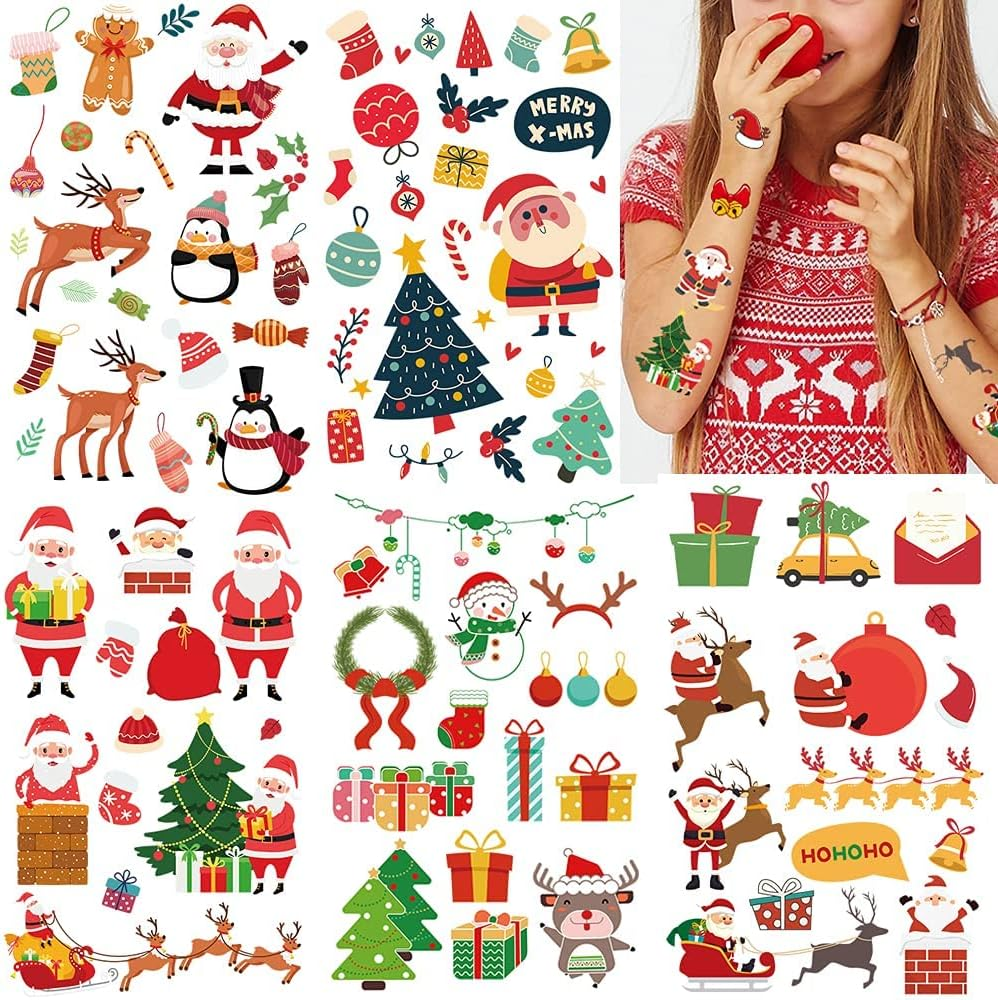Temporary Tattoo for Kids Adults, 210 PCS Xmas Waterproof Body Stickers, Face Fake Tattoos Kit, Cute Tattoo Decorations, Birthday Party Favor Supplies Decor for Boys Girls Children Holiday Christmas image number 4