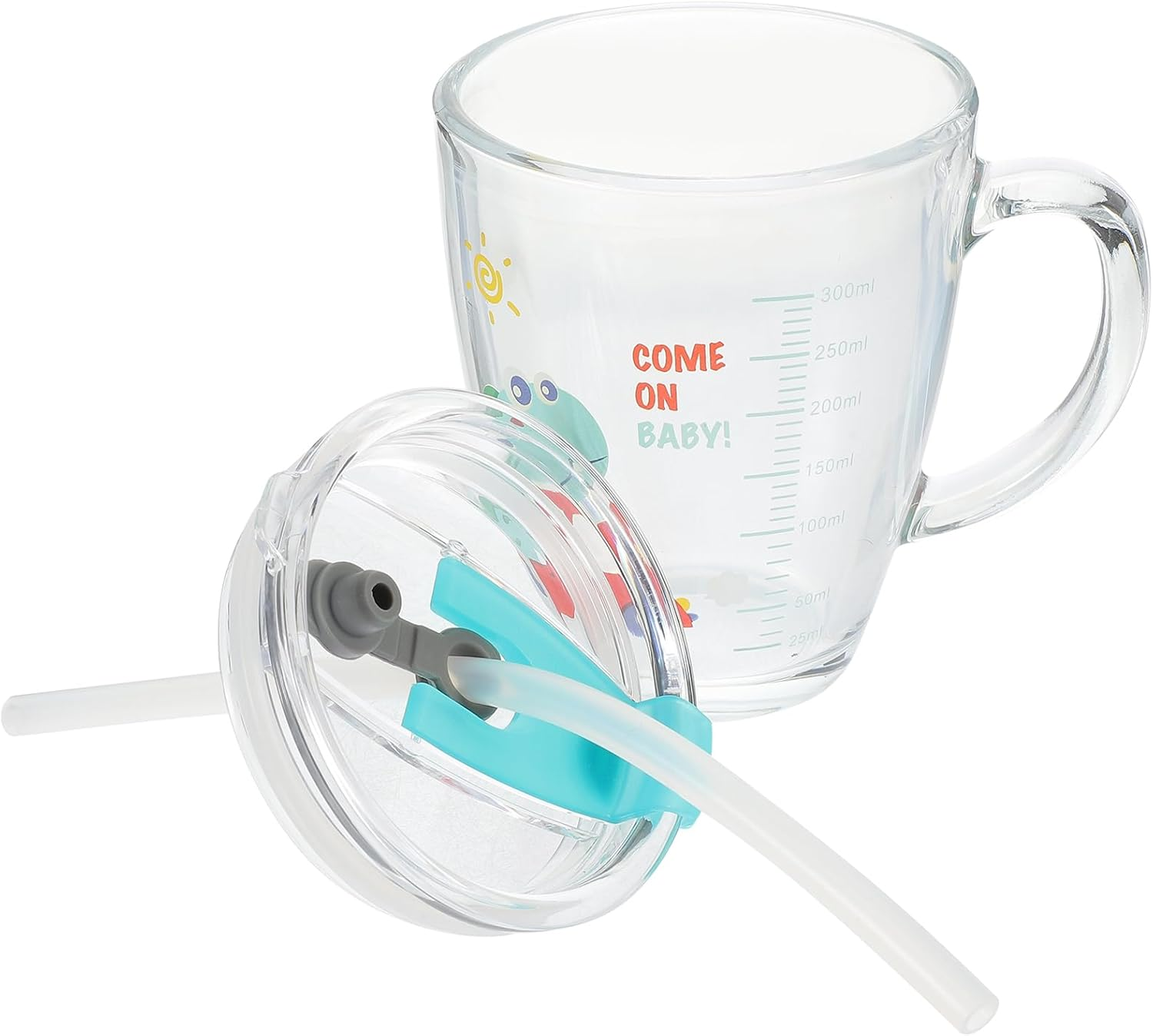 SEWACC Cartoon Sip Cup Glass Tumbler with Lid and Straw Kids Milk Juice Cup with Scale for Home Office Cafe Use image number 2