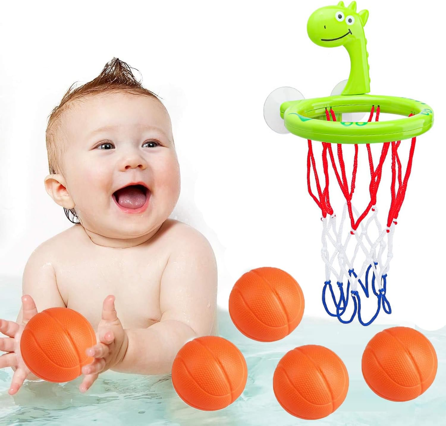 WADY Basketball Hoop Balls for Bathroom, Bathing Toy Bathtub Basketball Hoop, Suitable for Children, There Are Fun Game Gifts in the Bathroom, Suction Cup Basketball Hoop with 5 Ball (Orange Duck)