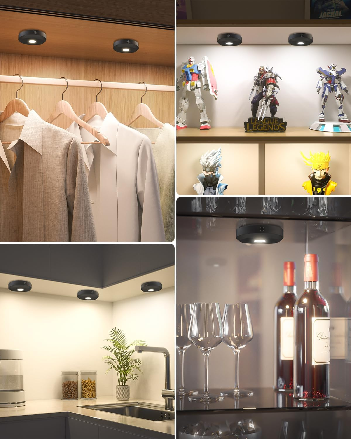 WILLED under Cabinet Lighting Wireless,Rechargeable Puck Lights with Remote Control,Battery Tap Light Stick On,3 Colors and Timer Function LED Lights for Kitchen,Cabinet,Counter,Closet,Shelf,6 Pack image number 4