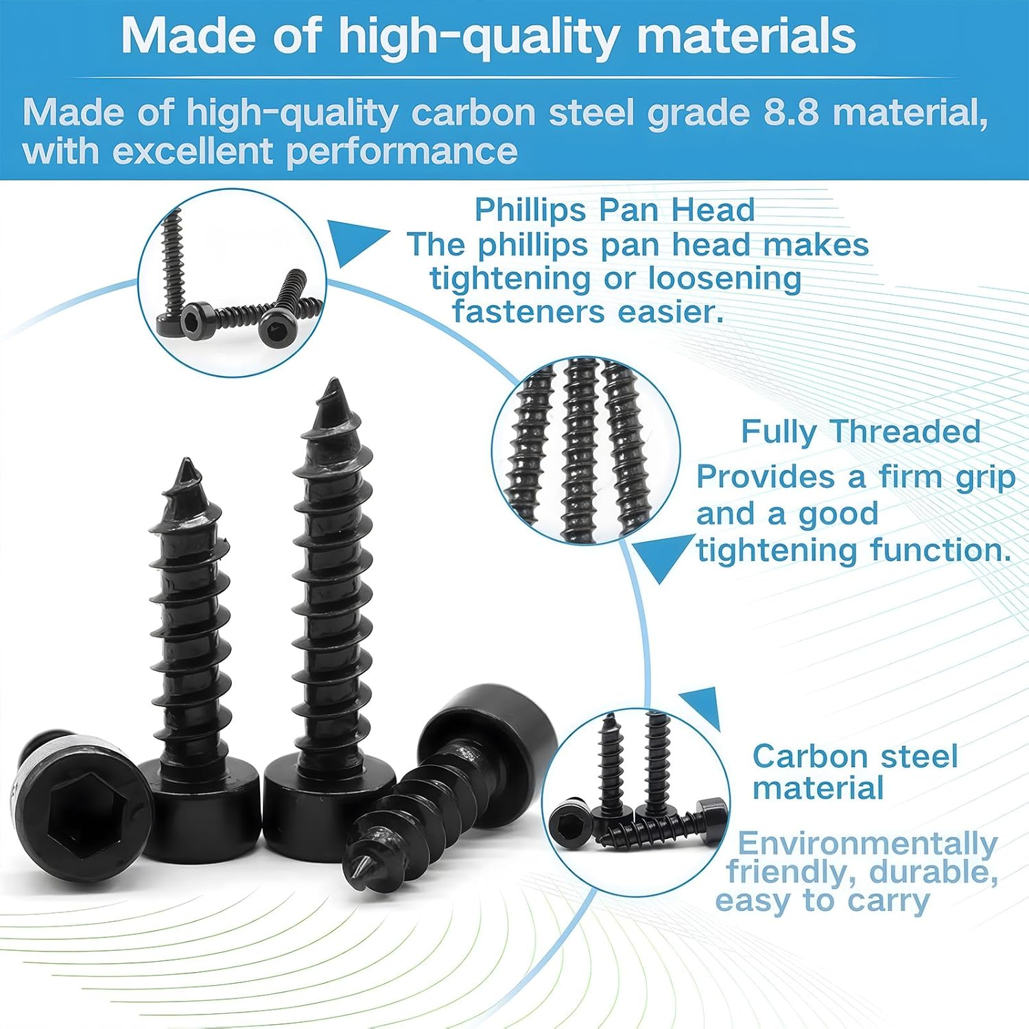 Zmbroll Hex Socket Head Cap Self Tapping Screws M4X8/10/12/14/16/18/20/25/30/35Mm Grade 8.8 Black Carbon Steel 220Pcs M4 Hex Socket Drive Allen Head Sheet Metal Wood Screw with Wrenches image number 4