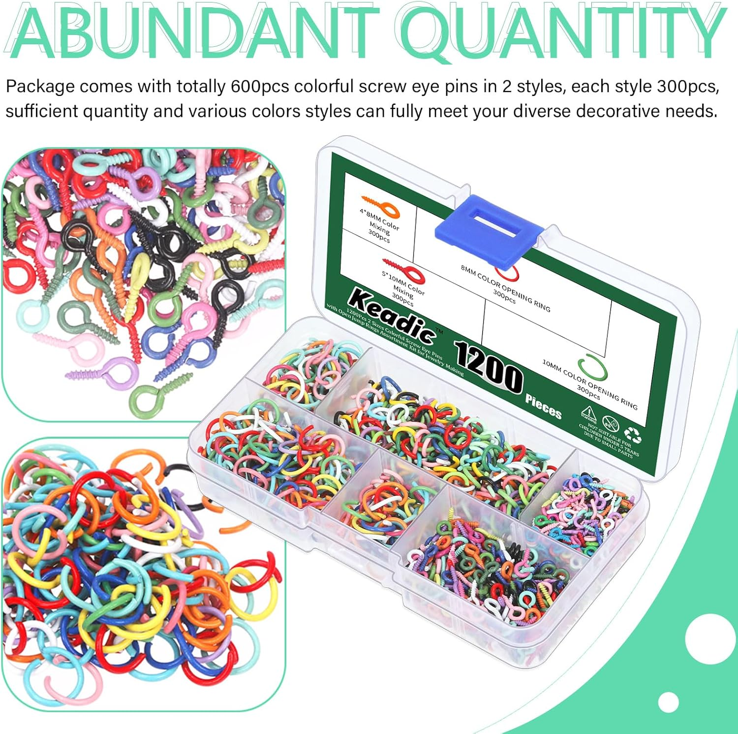 Keadic 1200Pcs 2 Sizes Mini Metal Screw Eye Pins and Open Jump Ring Set, Colorful Jewelry Making Findings Supplies for Cork Bottles Earring Charm Crafting image number 3