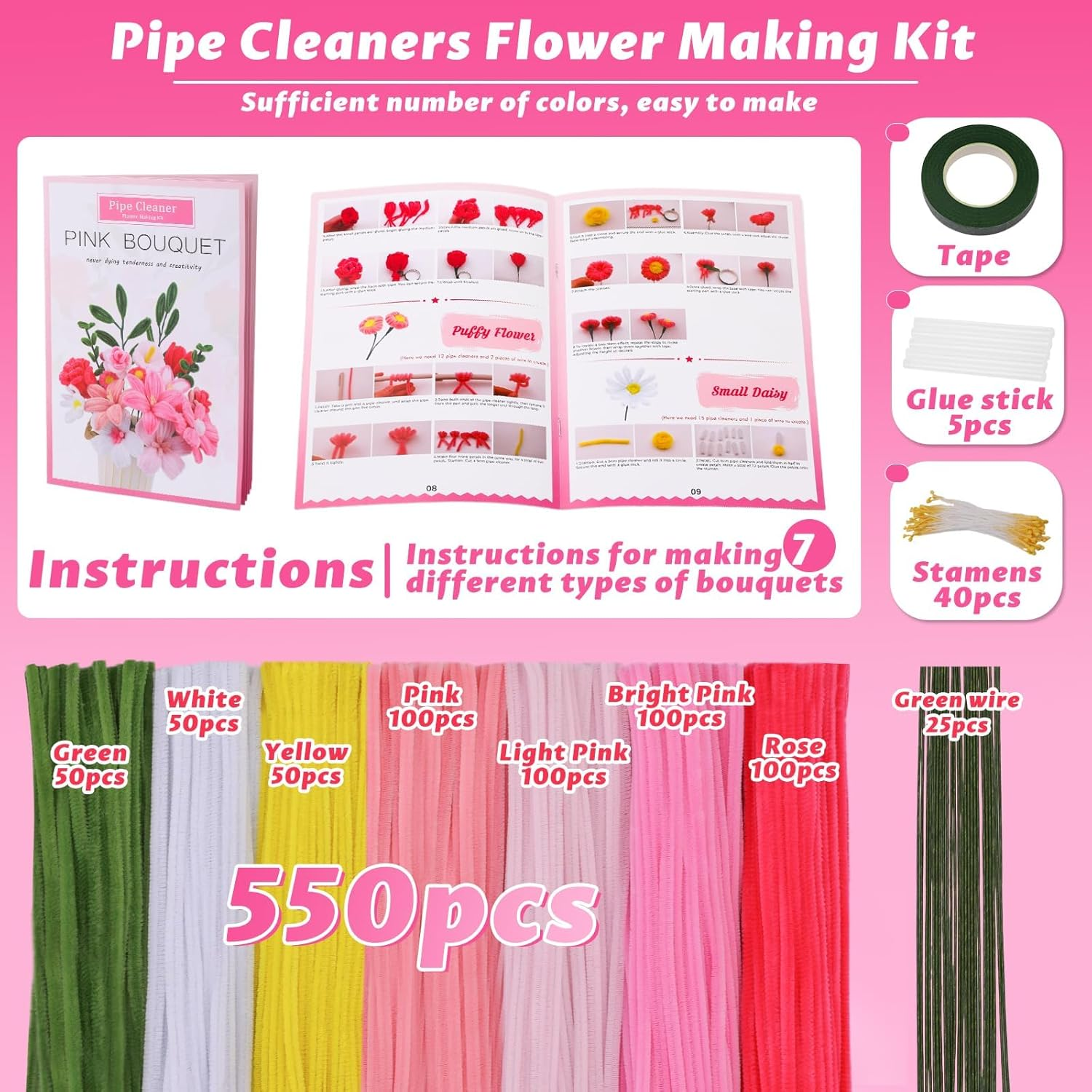 550 Pcs Pipe Cleaner Flowers Craft Kit, 7 Colors Pipe Cleaners Craft Flower Making Kit, Chenille Stems with Tutorial, Bouquet DIY Craft Supplies for Festivals Decorations image number 1