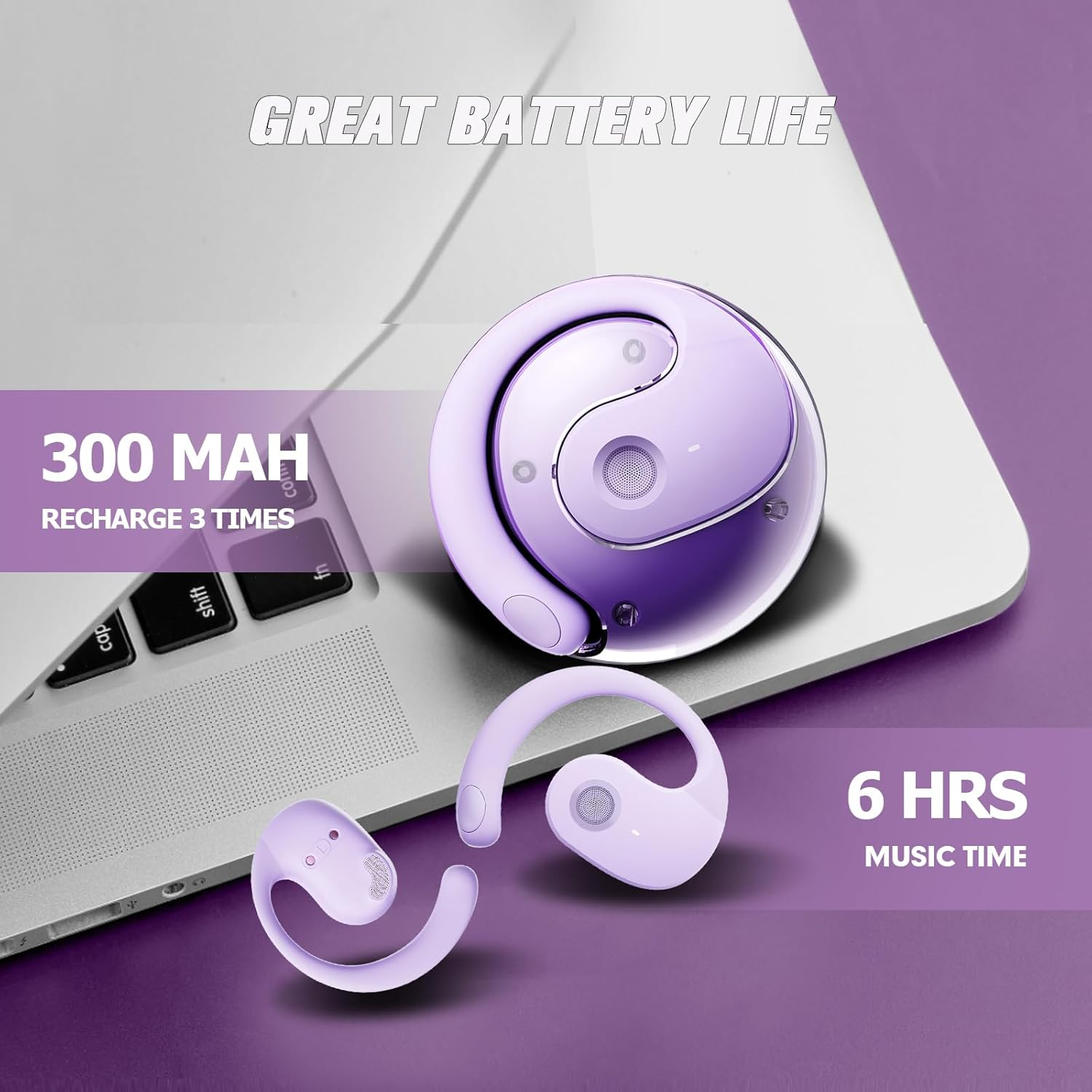 Out of Ear Open Ear Headphones outside the Ear Wireless Ear Hanging Bluetooth Headset Ows over the Ear Open Ear Buds Earbuds outside the Ear Headphones Bone Air Conduction Earbuds Purple image number 2