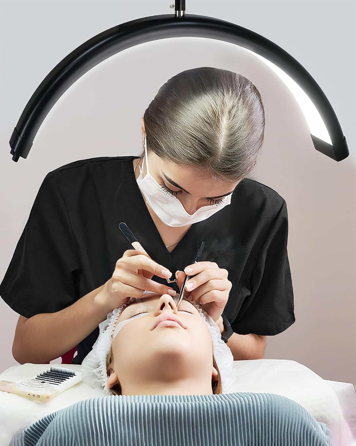 Lash Light for Eyelash Tech-Esthetician Ring Light, Half Moon Light for Led Lash Lamp Extensions, Tattoo Artists, Nail Tech - Cool, Warm Lamp with Adjustable Brightness & Height, Phone Holder (Black) image number 1