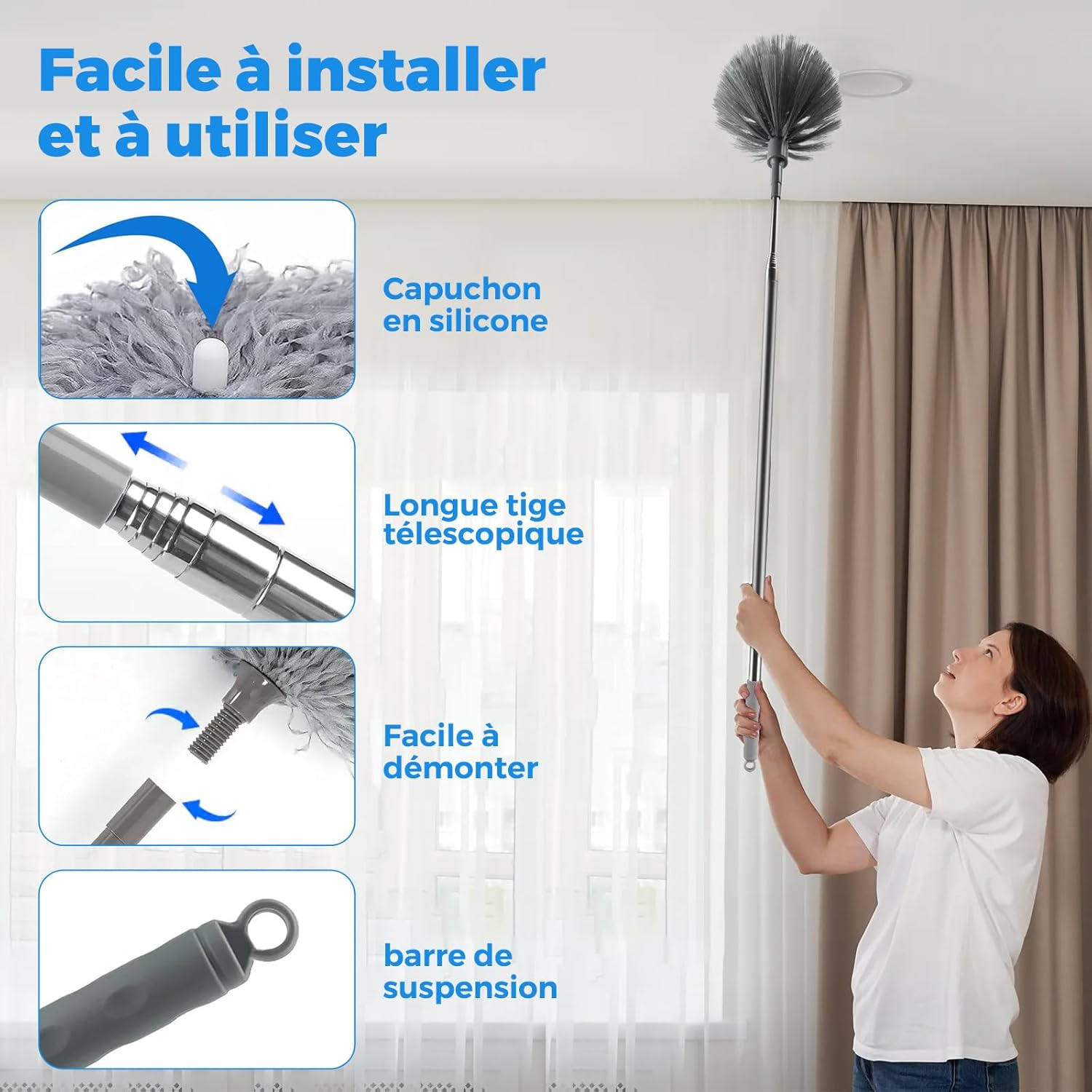 7 Pieces Telescopic Wolf Head Duster, Maximum Length 256 Cm, Washable Microfibre Telescopic Duster for Blankets, Suitable for Blankets, Grey image number 6