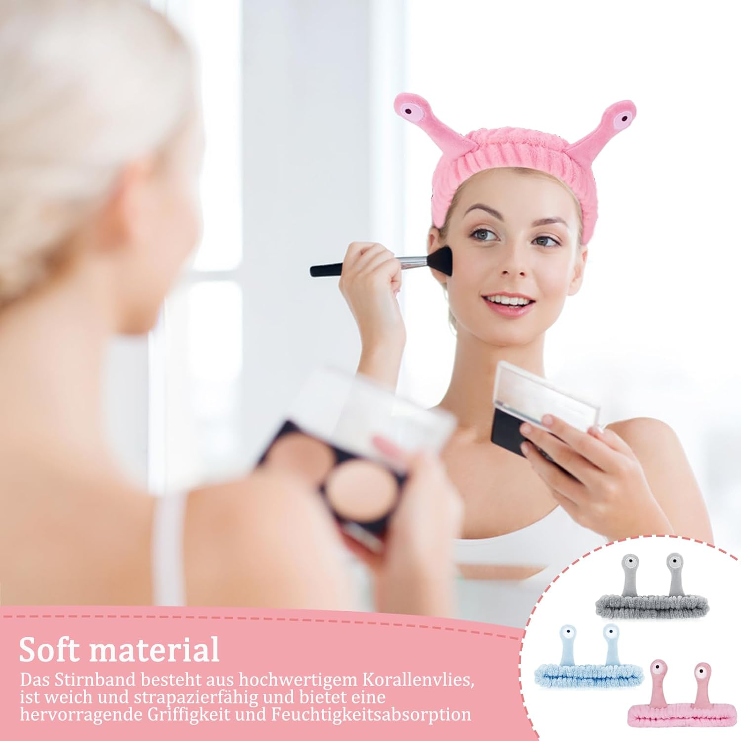 Snail Face Washing Headband, Pack of 3 Face Washing Headband, Snail Spa Headband, Coral Fleece for Make-Up, Beauty, Skin Care, Sports (Grey Pink Blue) image number 3